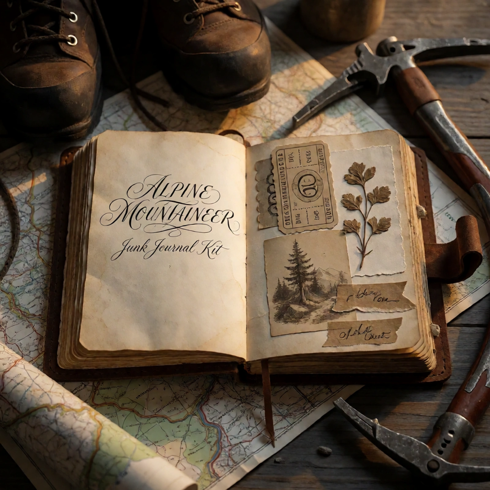 Alpine Mountaineer Junk Journal Kit | Mountain Trek & Exploration Ephemera Papers | Printable Cut-Outs | Digital Download