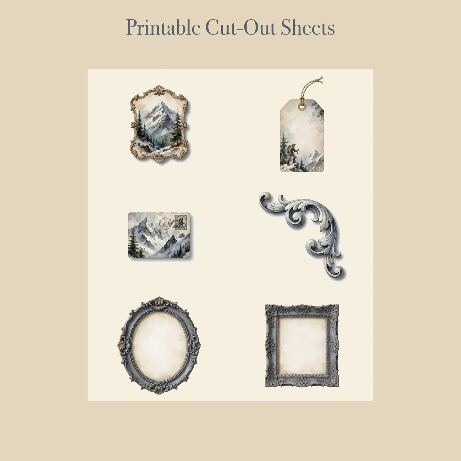 Alpine Mountaineer Junk Journal Kit | Mountain Trek & Exploration Ephemera Papers | Printable Cut-Outs | Digital Download