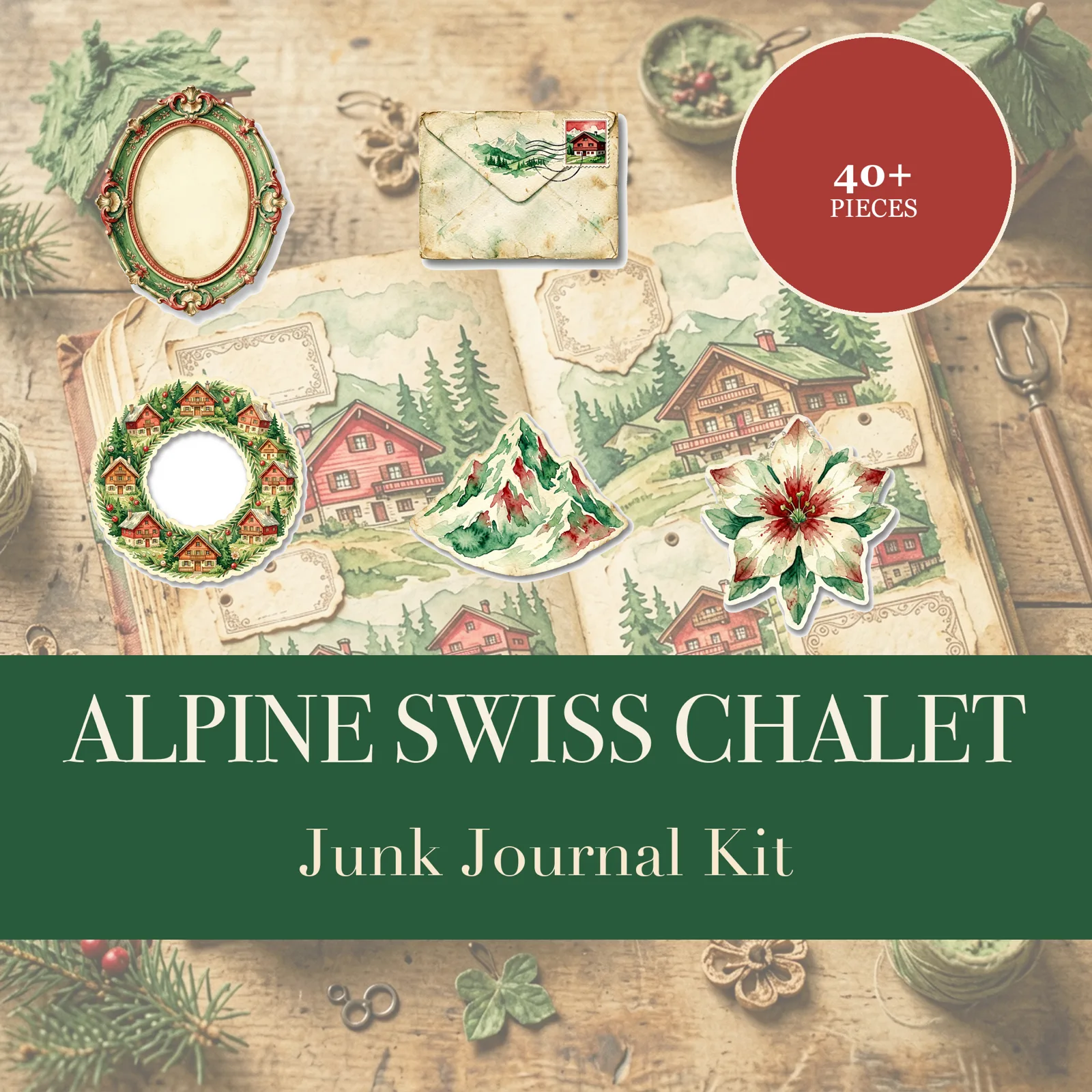 Kit de Junk Journal Chalet Suisse Alpin | Éphémères Montagne et Edelweiss | Découpes Imprimables | Téléchargement Numérique