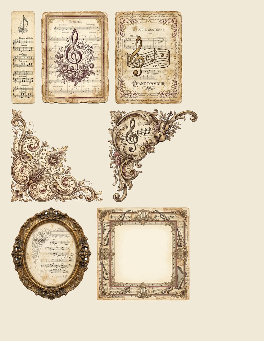 Antique Melody Music junk journal kit — sheet preview 1