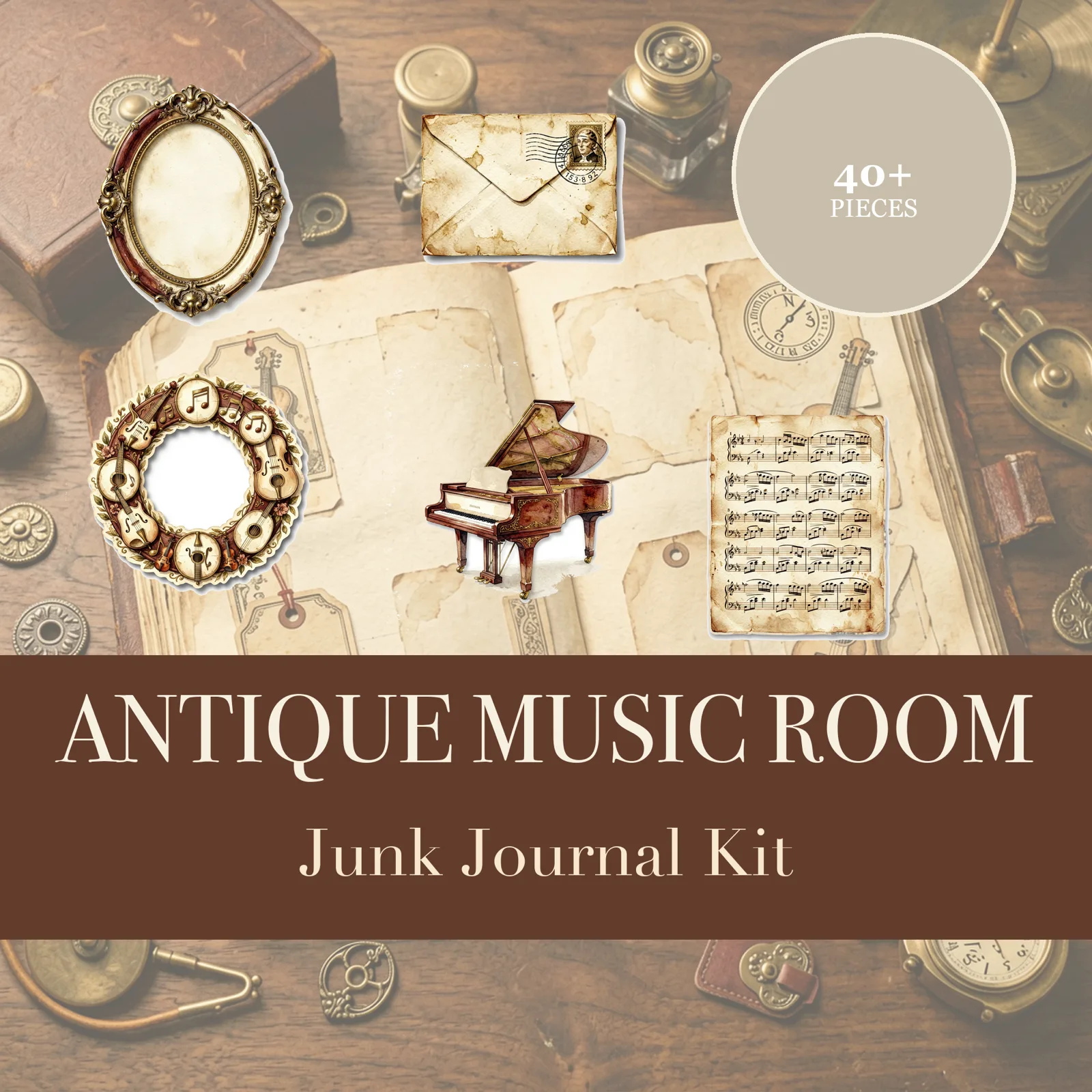 Kit de Junk Journal Sala de Música Antigua | Ephemera de Piano y Partituras | Recortables Imprimibles | Descarga Digital