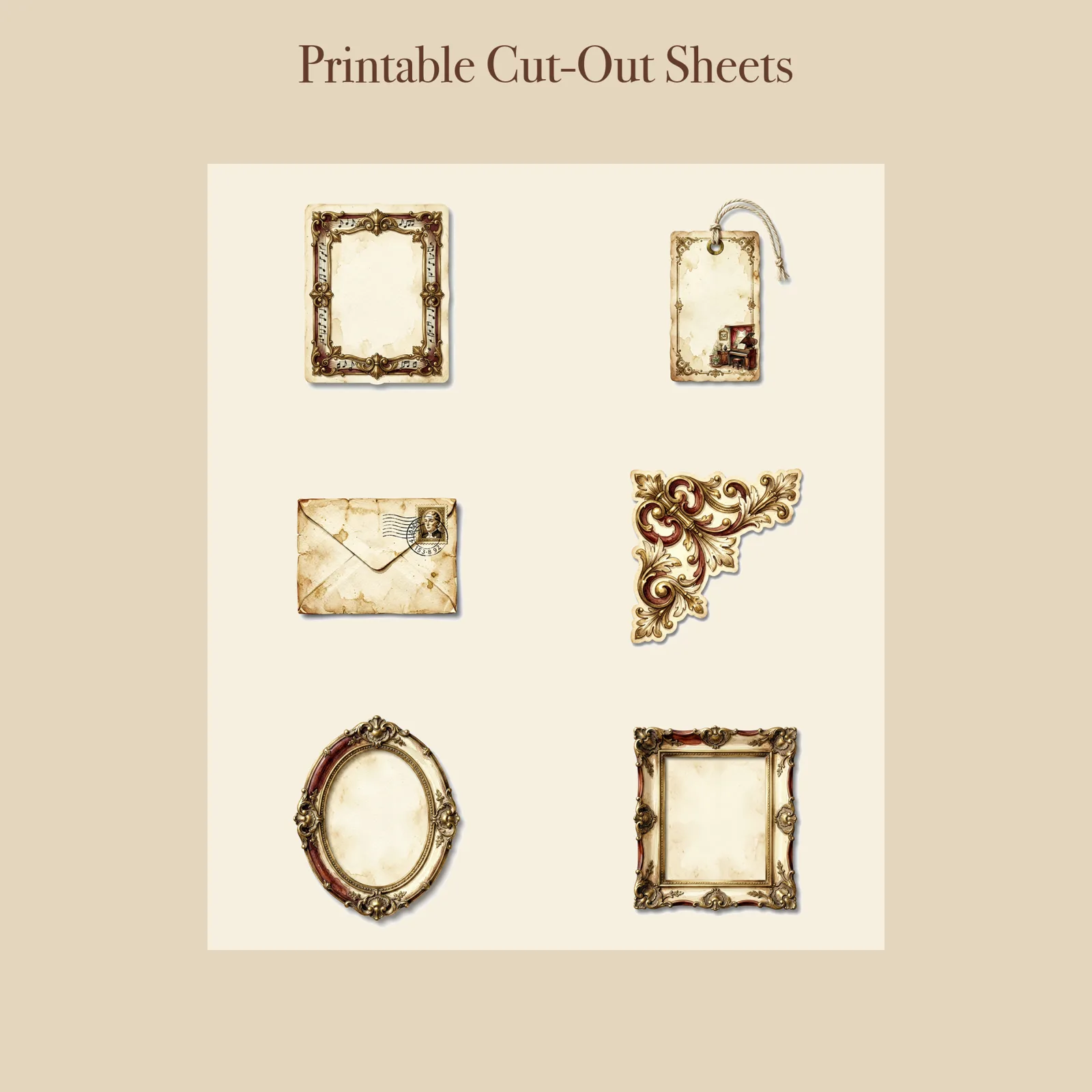 Antique Music Room Junk Journal Kit | Piano & Sheet Music Ephemera Papers | Printable Cut-Outs | Digital Download