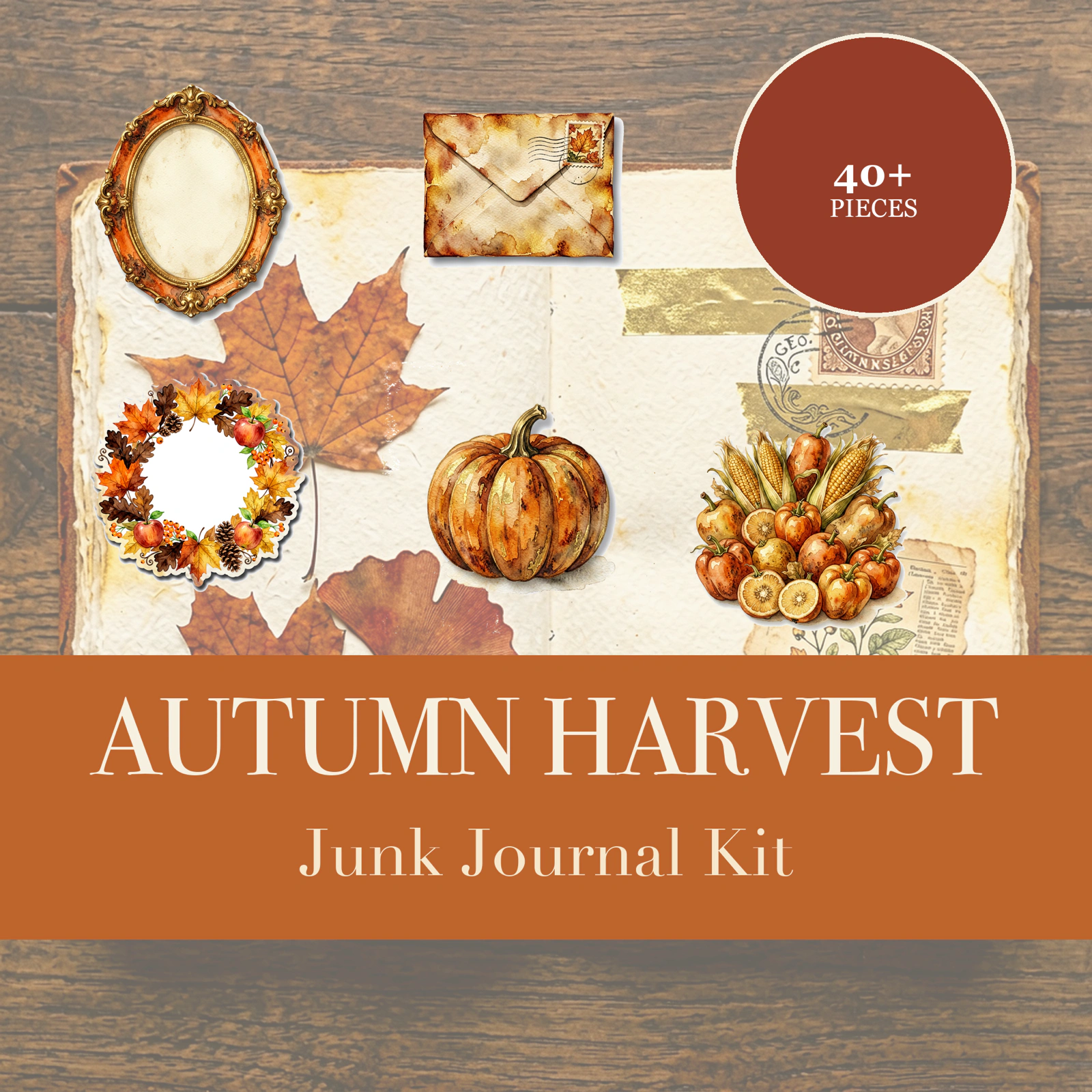 Autumn Harvest Junk Journal Kit | Pumpkin & Cornucopia Ephemera Papers | Printable Cut-Outs | Digital Download