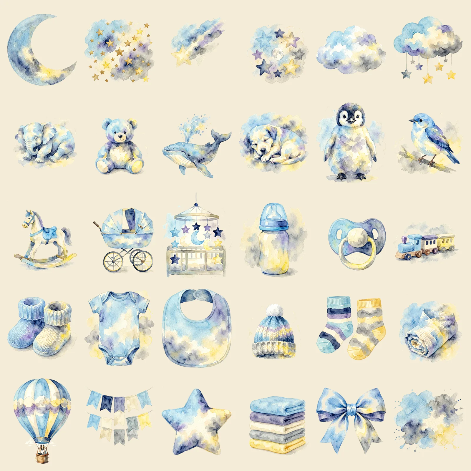 Watercolor Baby Boy Moon and Stars Nursery Clipart, 30 PNG, Transparent Background, Commercial Use, Digital Download