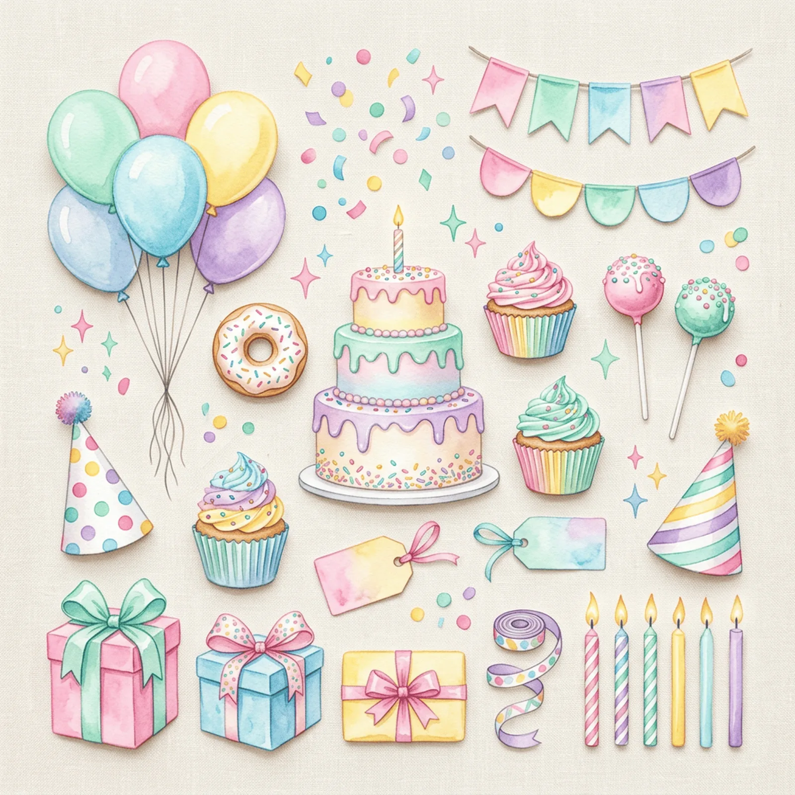 Watercolor Birthday Balloons and Cake Clipart, 30 PNG, Transparent Background, Commercial Use, Digital Download