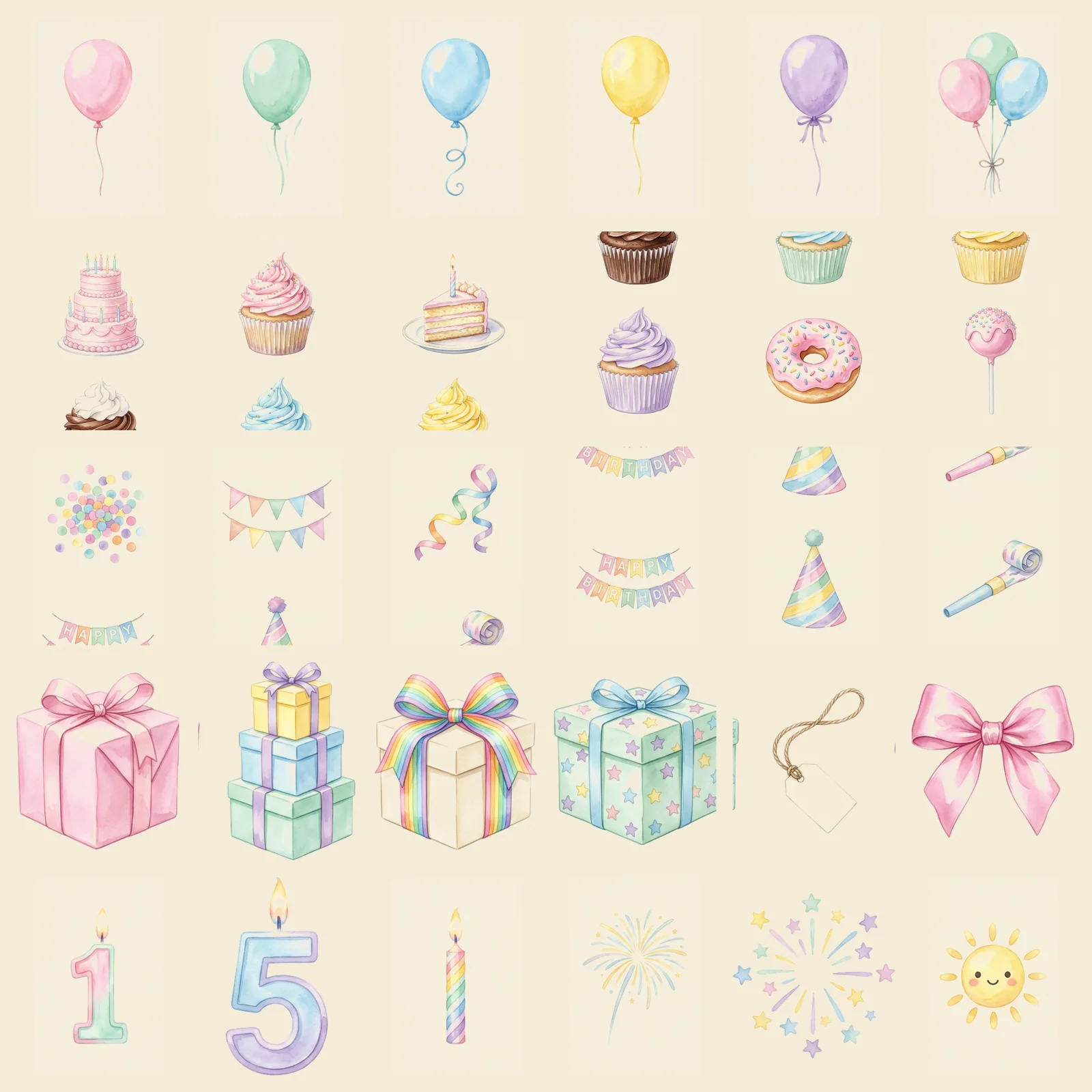 Watercolor Birthday Balloons and Cake Clipart, 30 PNG, Transparent Background, Commercial Use, Digital Download