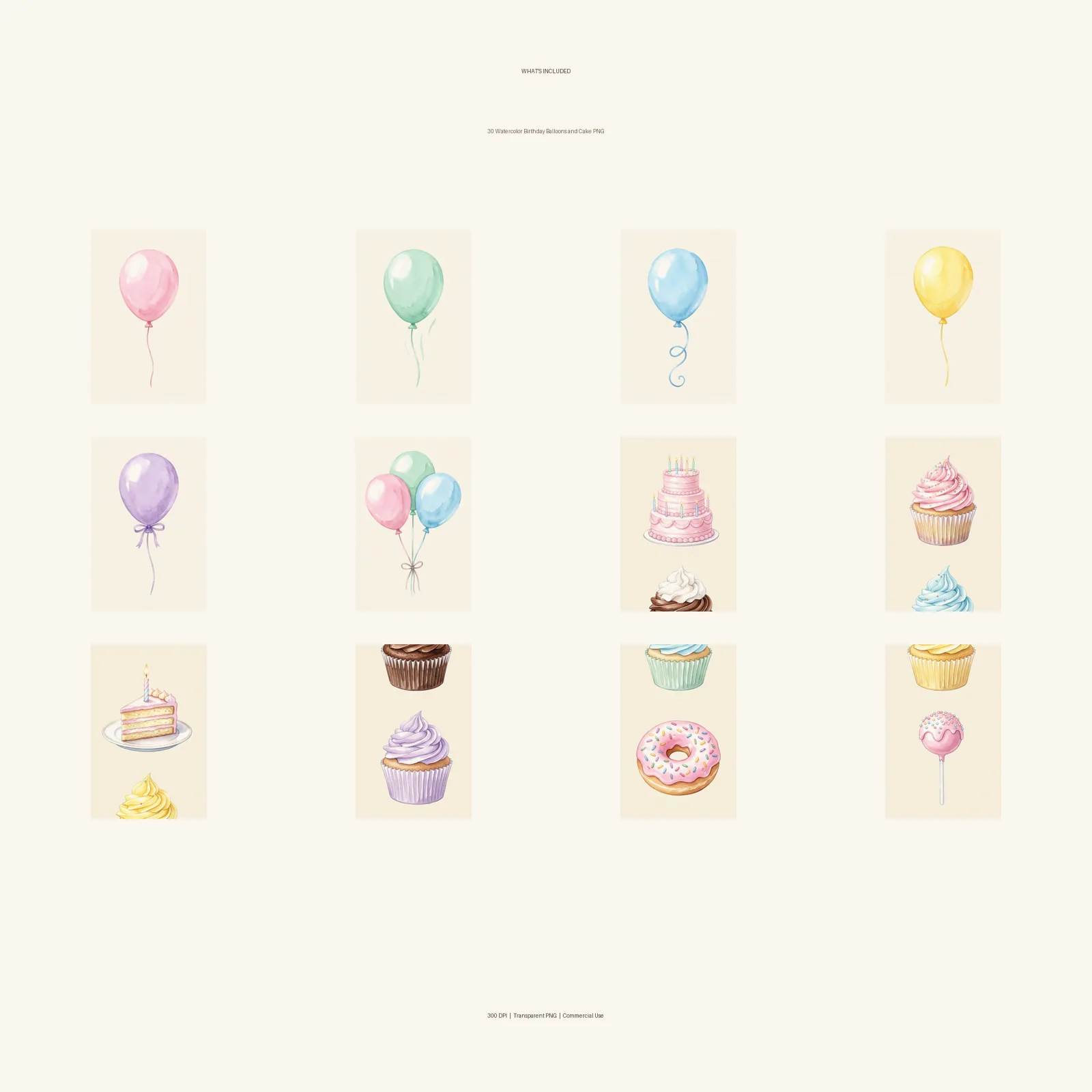 Watercolor Birthday Balloons and Cake Clipart, 30 PNG, Transparent Background, Commercial Use, Digital Download