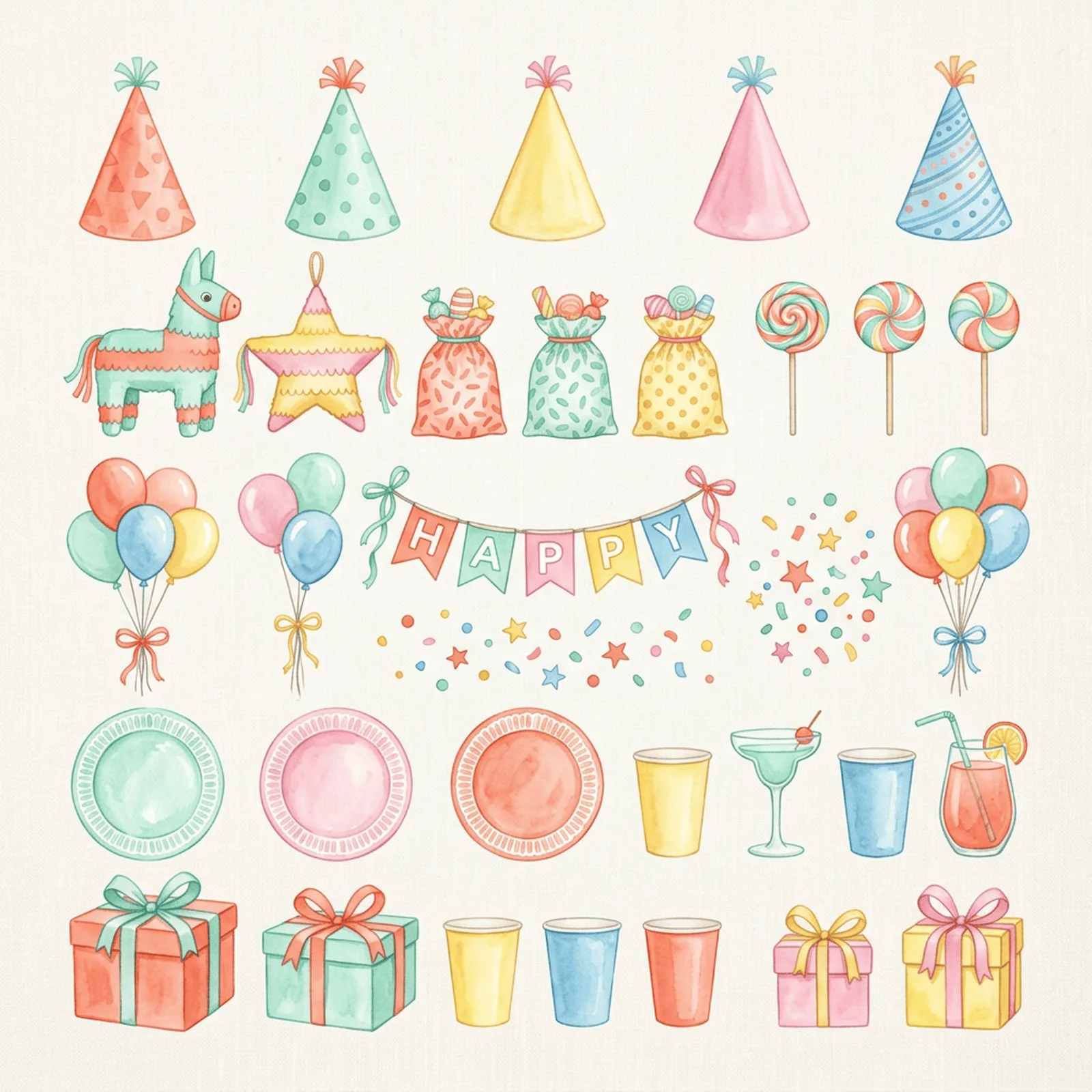 Watercolor Birthday Party Elements Clipart, 30 PNG, Transparent Background, Commercial Use, Digital Download