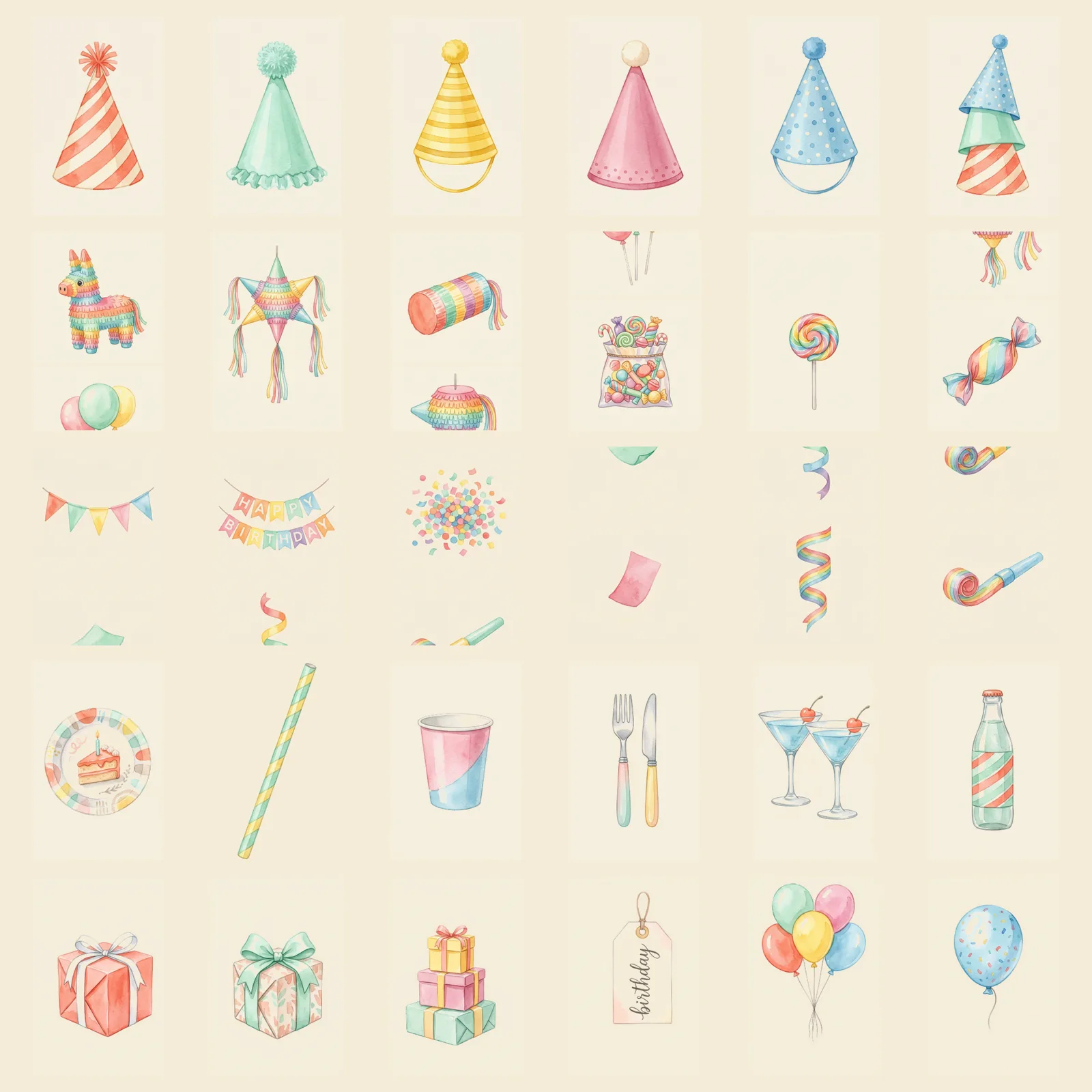 Watercolor Birthday Party Elements Clipart, 30 PNG, Transparent Background, Commercial Use, Digital Download