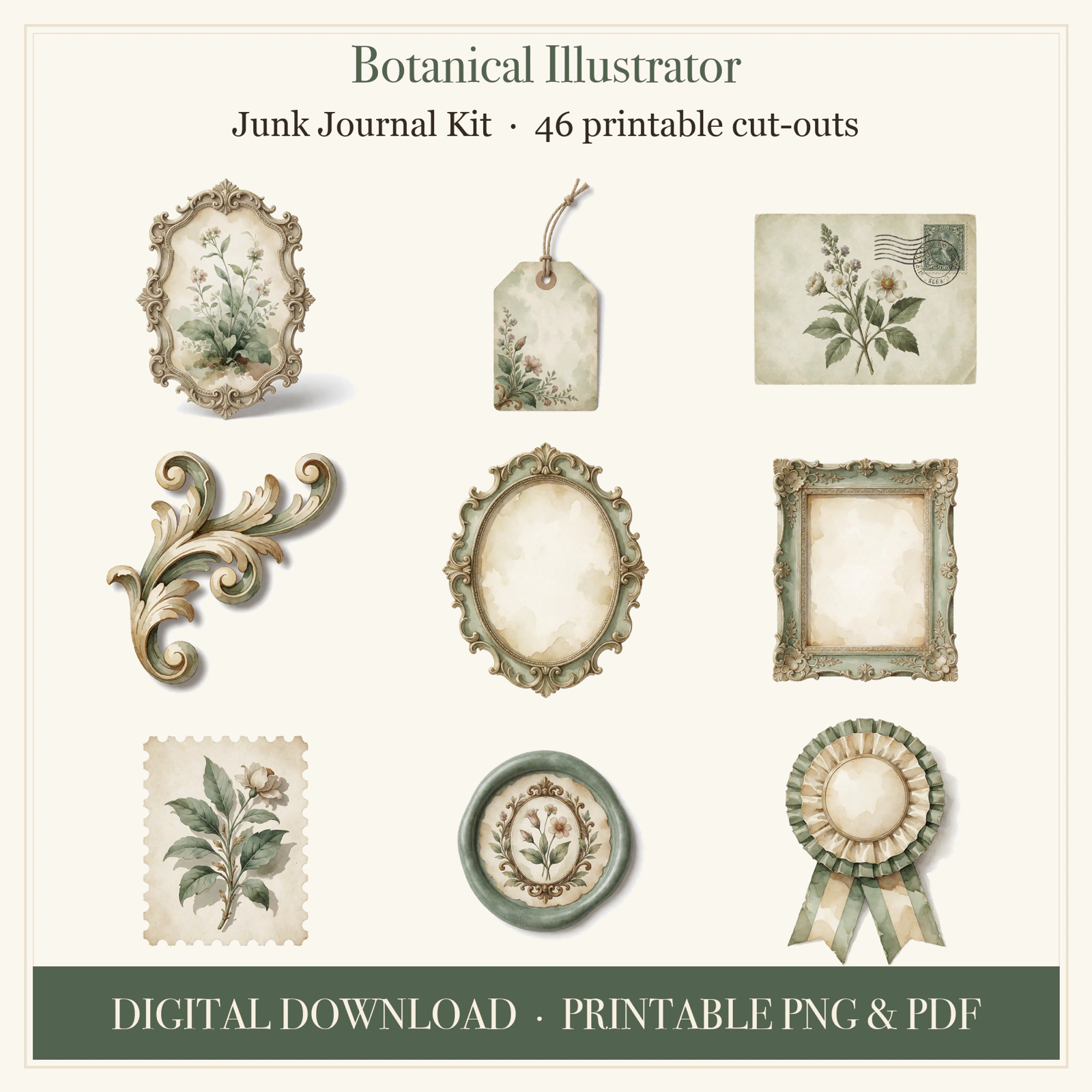 Botanical Illustrator Junk Journal Kit | Pressed Plant Studies & Sketches Ephemera Papers | Printable Cut-Outs | Digital Download
