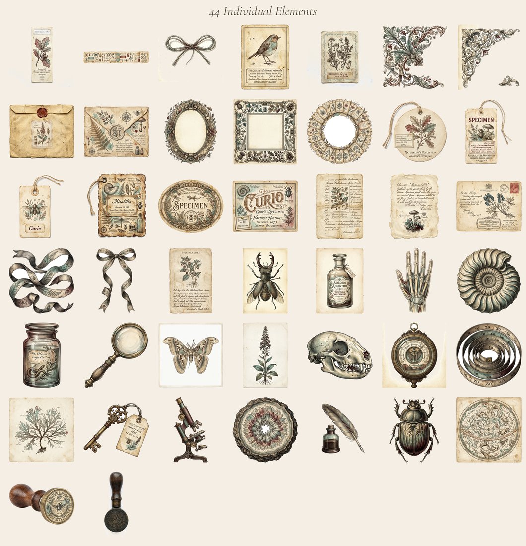 Cabinet Of Curiosities junk journal kit — elements overview
