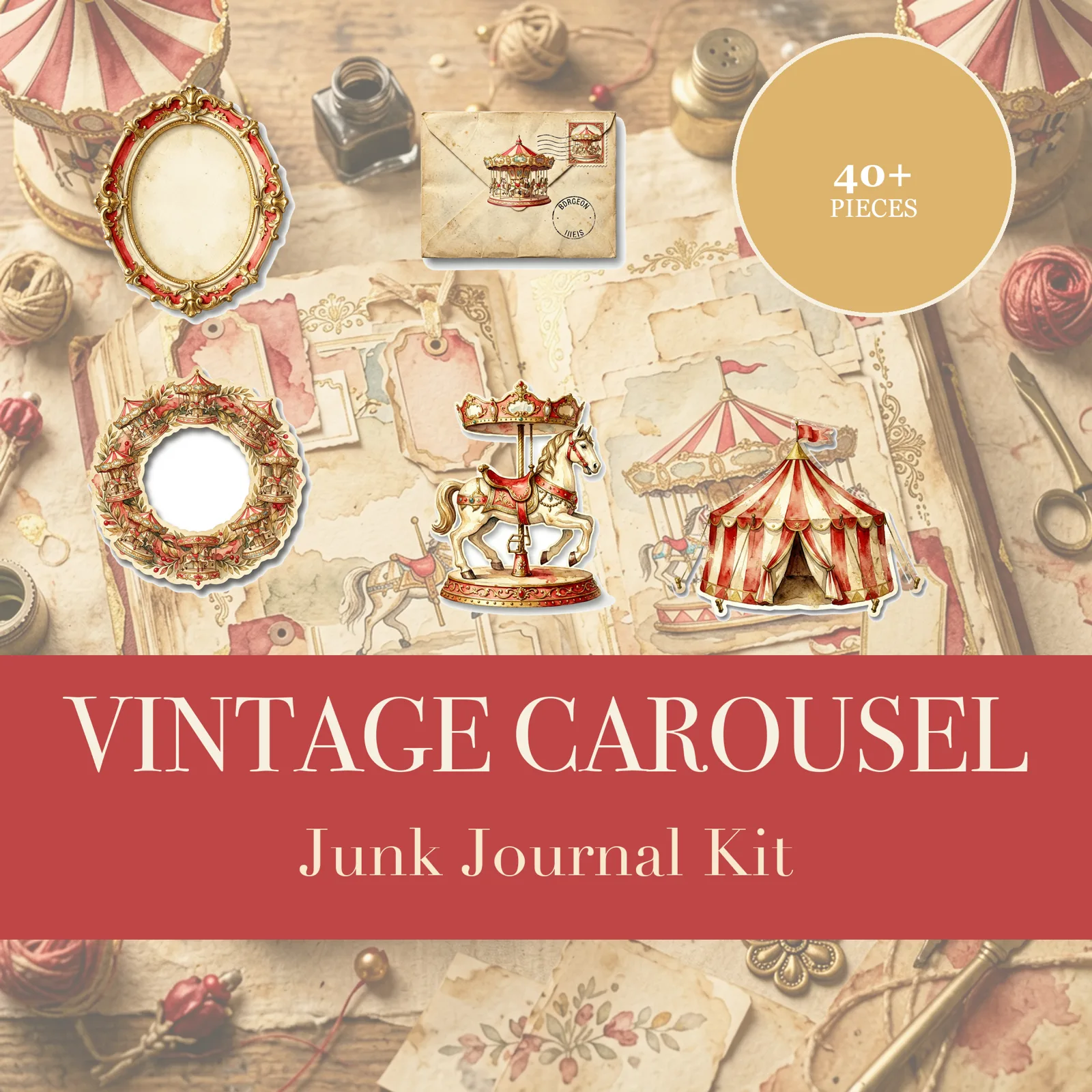 Vintage Karussell Junk-Journal-Set | Jahrmarkt & Karneval Ephemera-Papiere | Druckbare Ausschneidebögen | Digitaler Download
