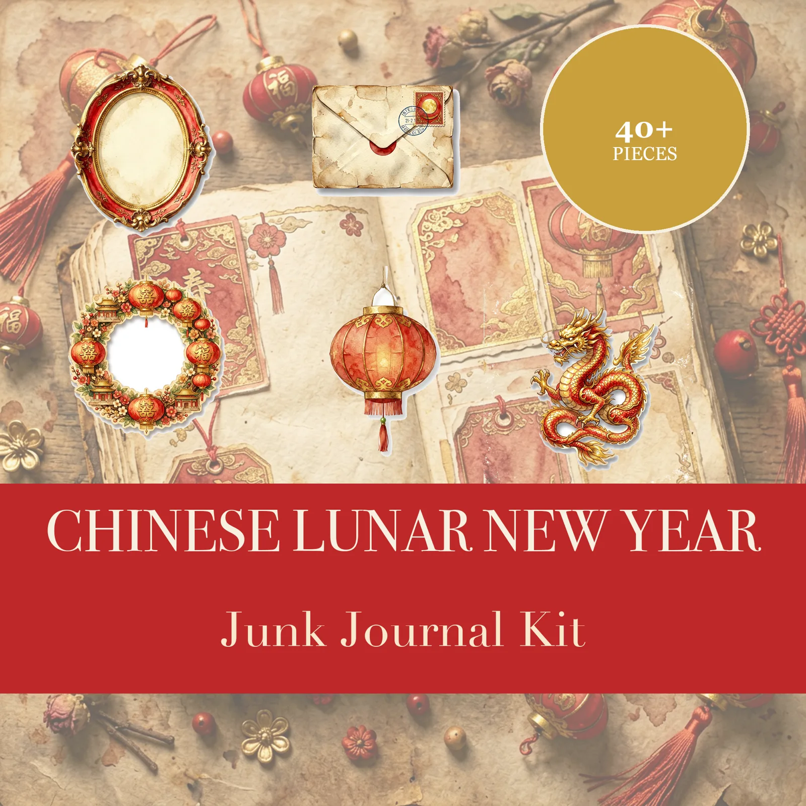 Kit Junk Journal Nouvel An Chinois | Éphémères de Lanternes et Dragons | Découpes Imprimables | Téléchargement Numérique