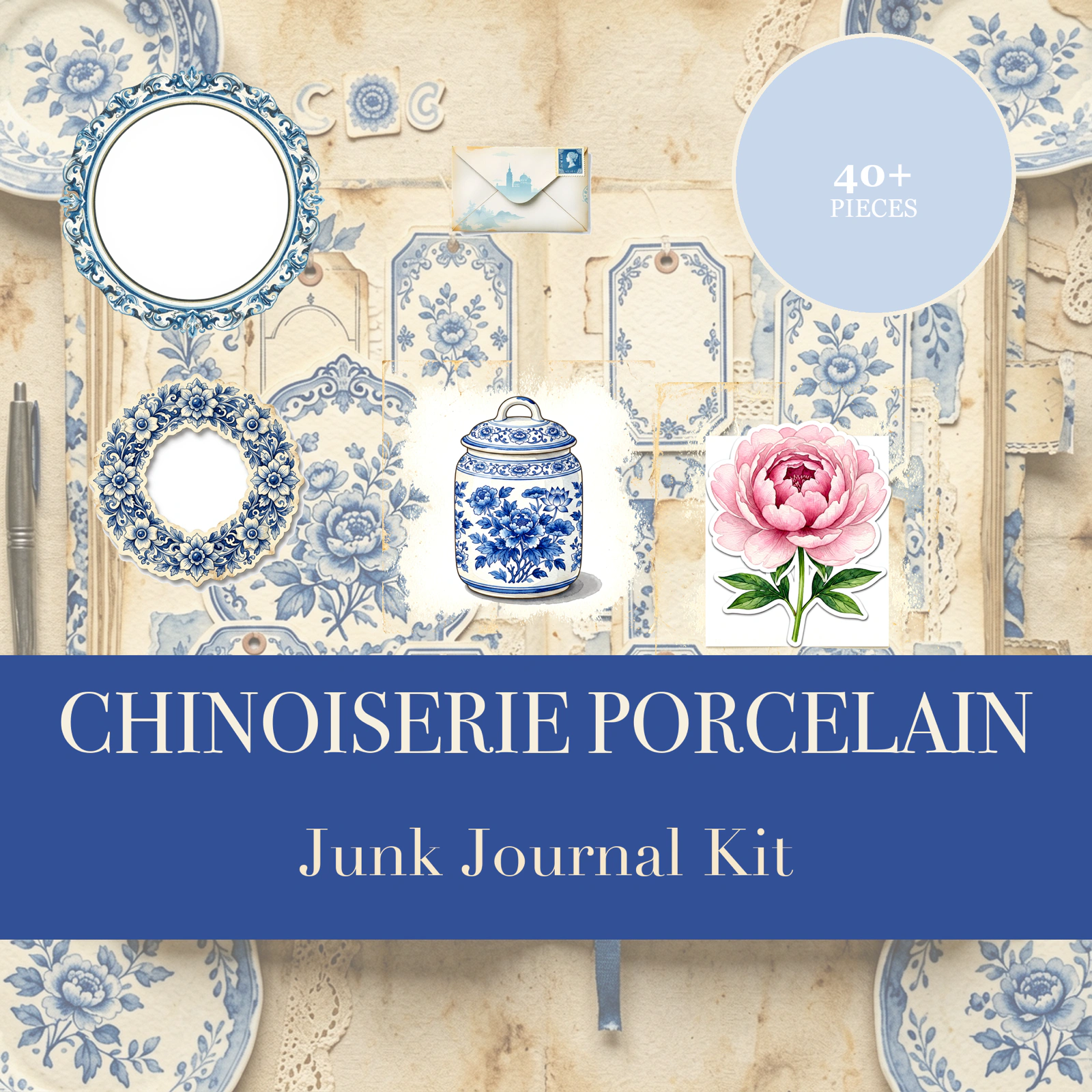 Chinoiserie-Porzellan Junk-Journal-Set | Blau-weiße Pfingstrosen-Ephemera-Papiere | Druckbare Ausschneideelemente | Digitaler Download