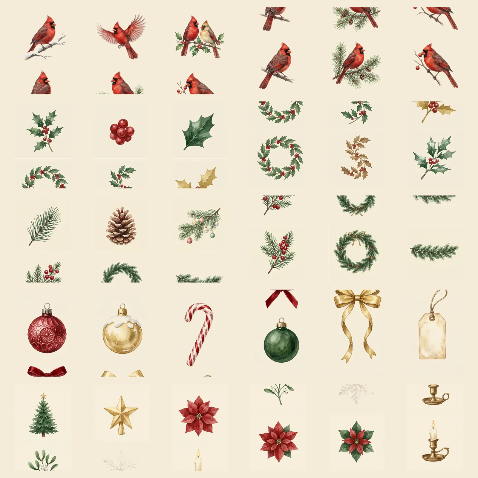 Watercolor Vintage Christmas Cardinals and Holly Clipart, 30 PNG, Transparent Background, Commercial Use, Digital Download