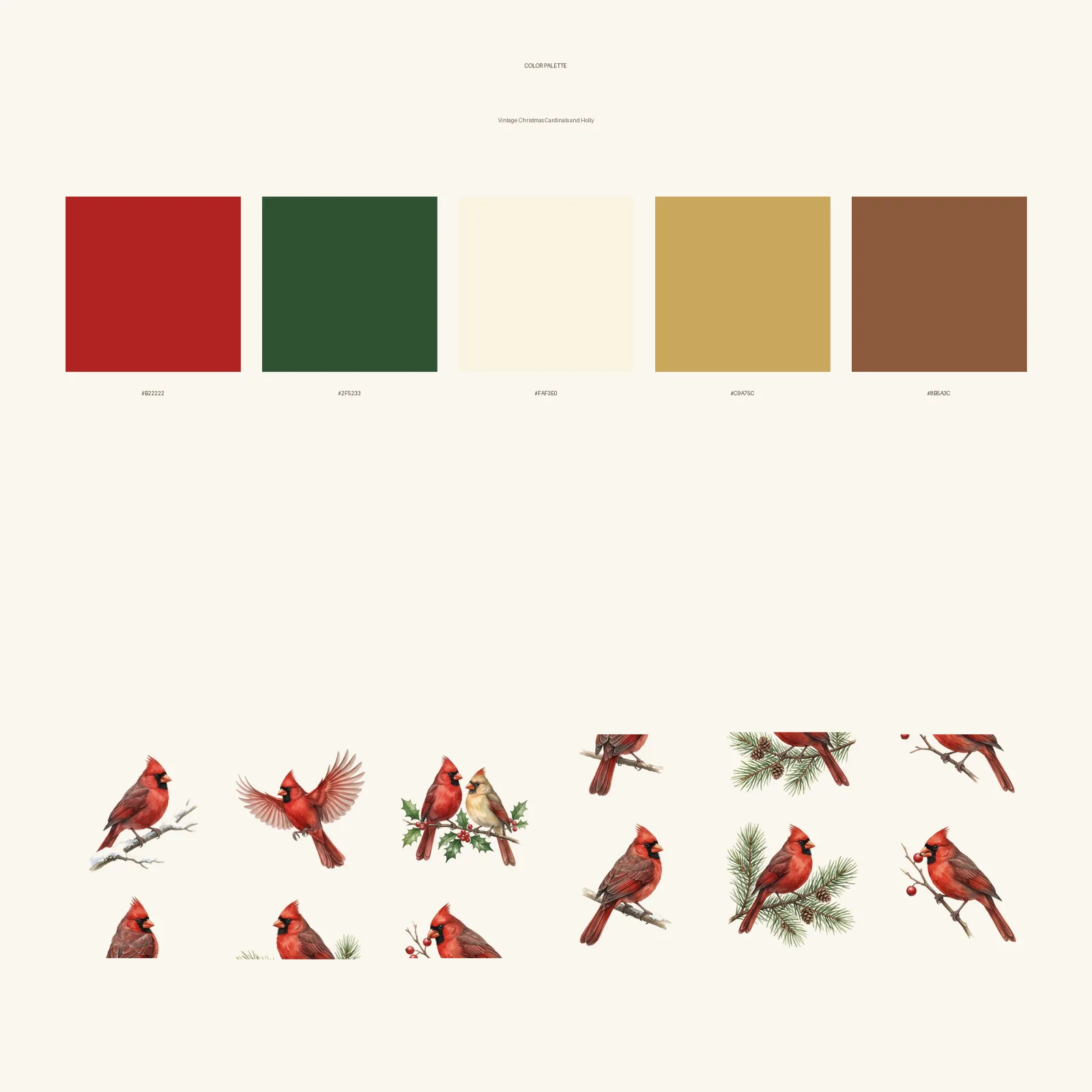 Watercolor Vintage Christmas Cardinals and Holly Clipart, 30 PNG, Transparent Background, Commercial Use, Digital Download