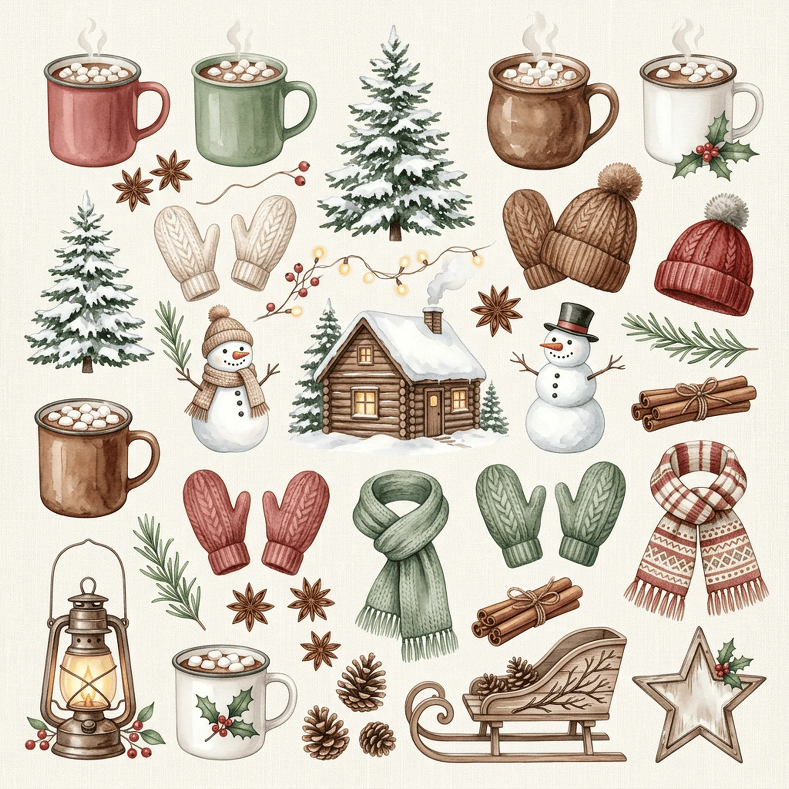 Watercolor Farmhouse Christmas (Cocoa and Snow) Clipart, 30 PNG, Transparent Background, Commercial Use, Digital Download