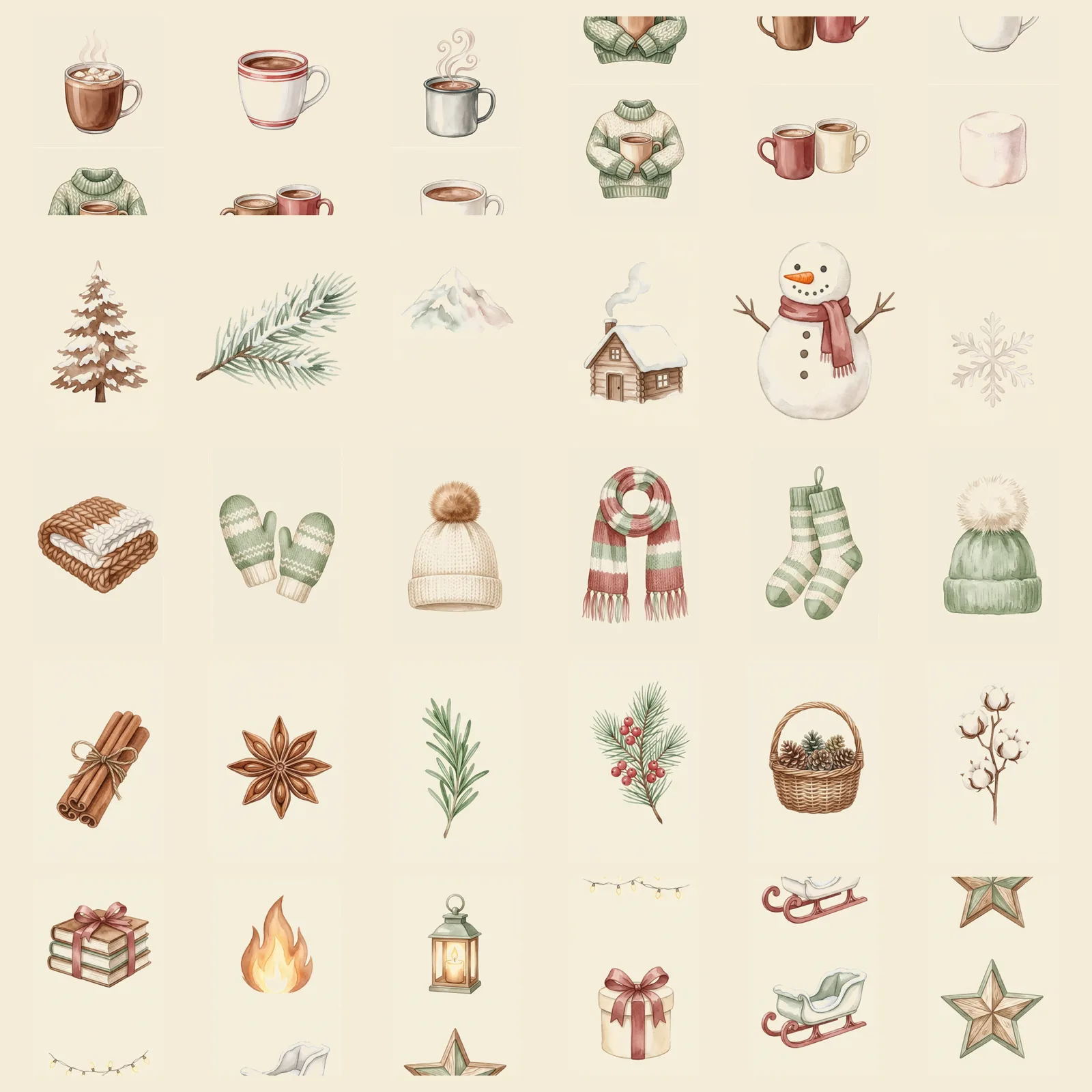 Watercolor Farmhouse Christmas (Cocoa and Snow) Clipart, 30 PNG, Transparent Background, Commercial Use, Digital Download