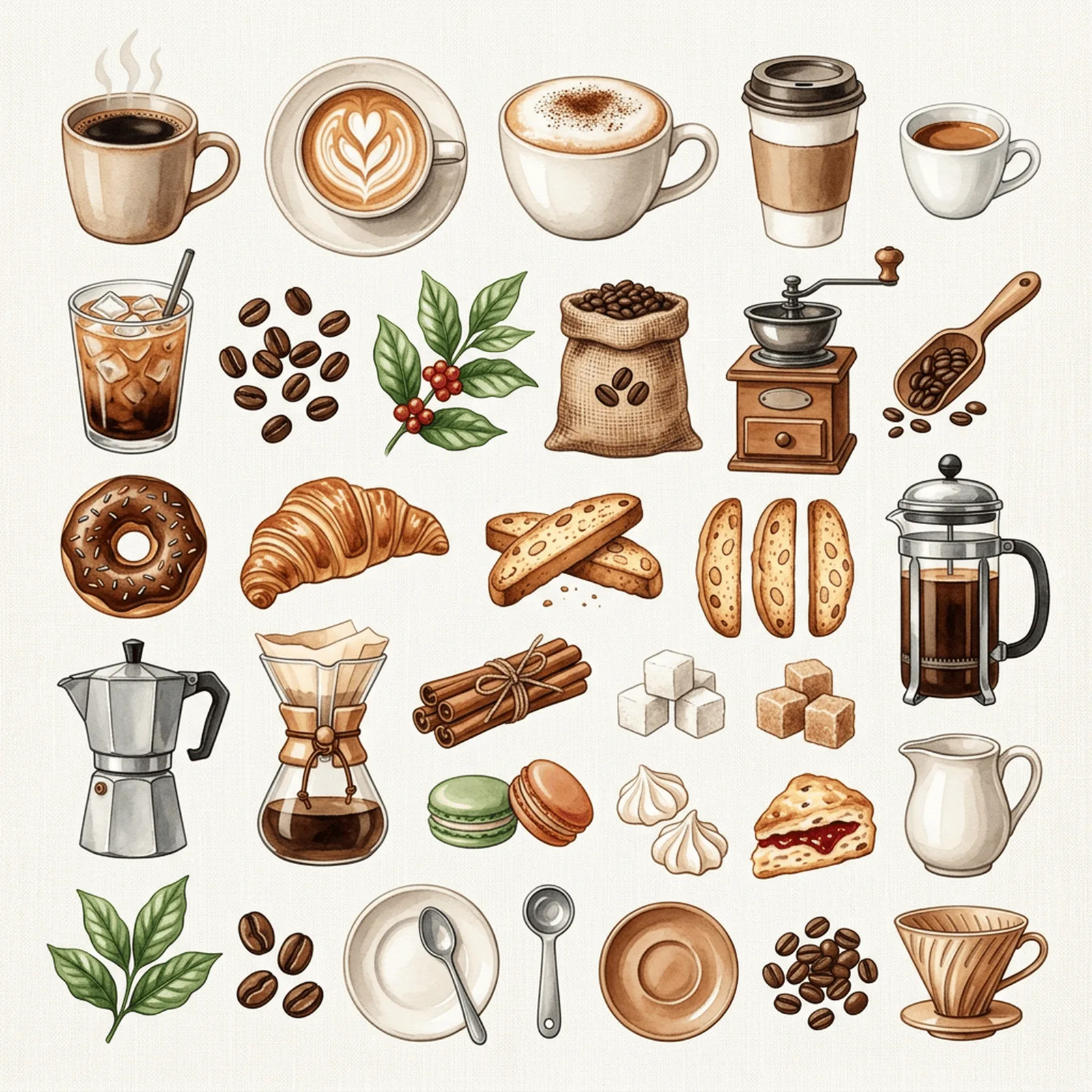 Watercolor Coffee Mugs and Beans Clipart, 30 PNG, Transparent Background, Commercial Use, Digital Download