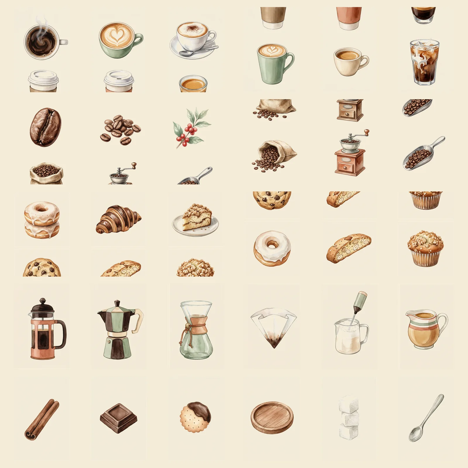 Watercolor Coffee Mugs and Beans Clipart, 30 PNG, Transparent Background, Commercial Use, Digital Download