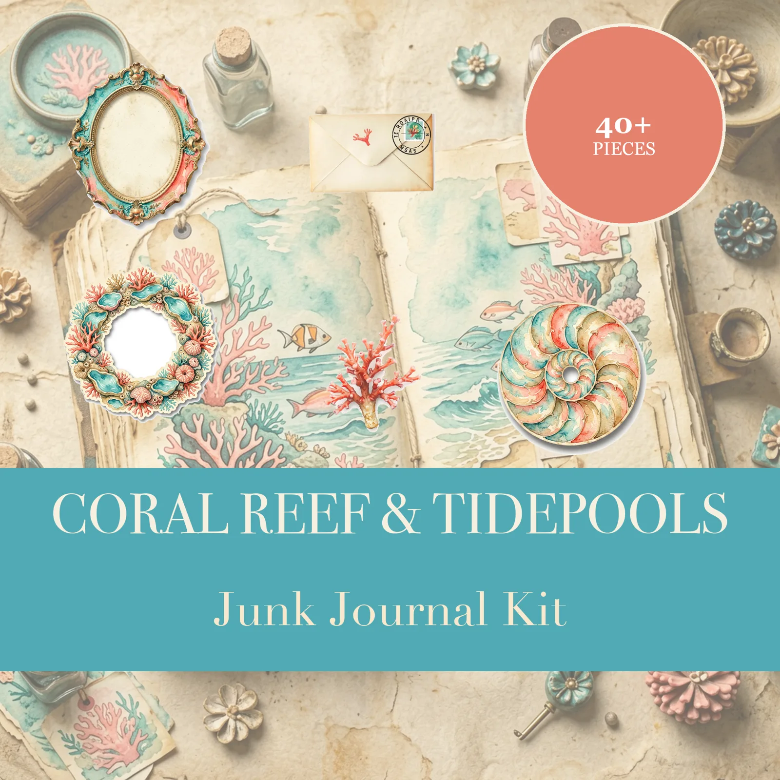 Coral Reef & Tidepools Junk Journal Kit | Ocean Shell Ephemera Papers | Printable Cut-Outs | Digital Download