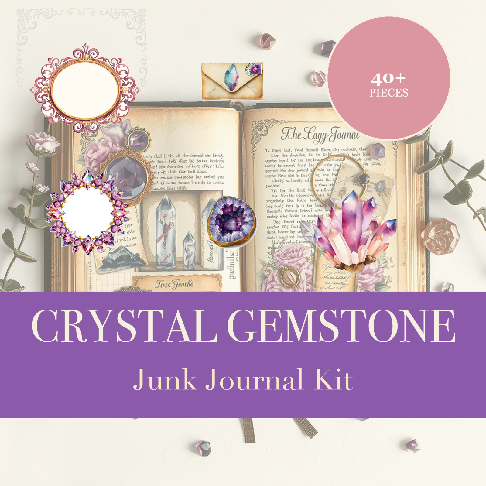 水晶宝石 Junk Journal 套装 | 晶洞与矿石拼贴纸 | 可打印剪影素材 | 数字下载