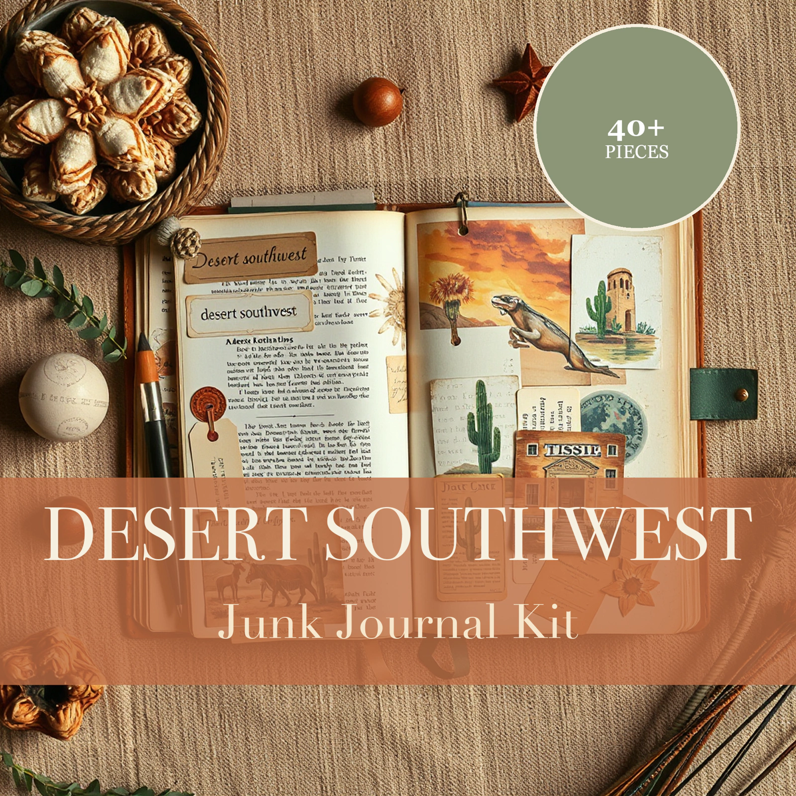 Wüste im Südwesten Junk-Journal-Set | Kaktus & Terrakotta-Boho-Ephemera-Papiere | Druckbare Ausschneideelemente | Digitaler Download