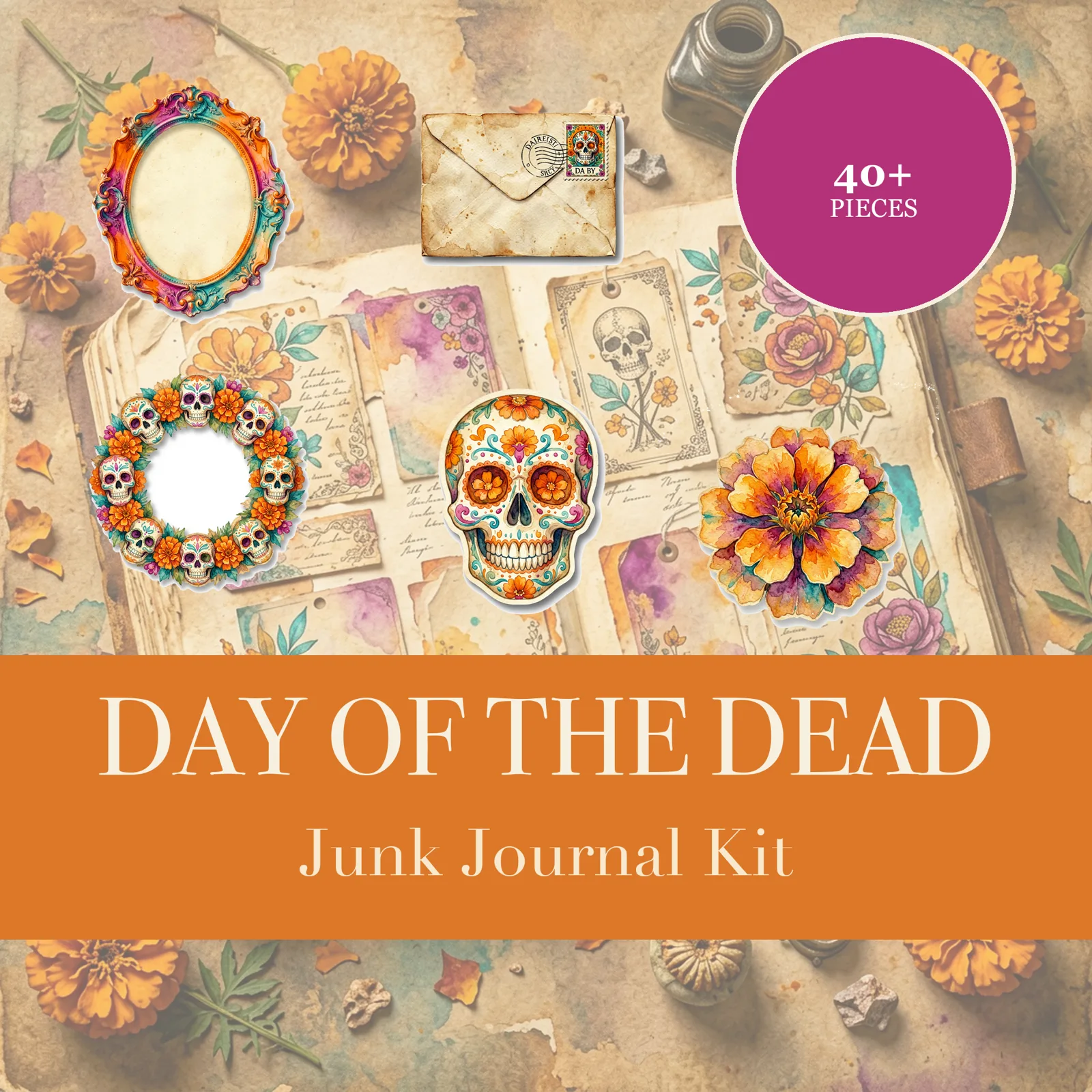 Kit Junk Journal Jour des Morts | Éphémères Crâne en Sucre et Souci | Découpes à Imprimer | Téléchargement Numérique