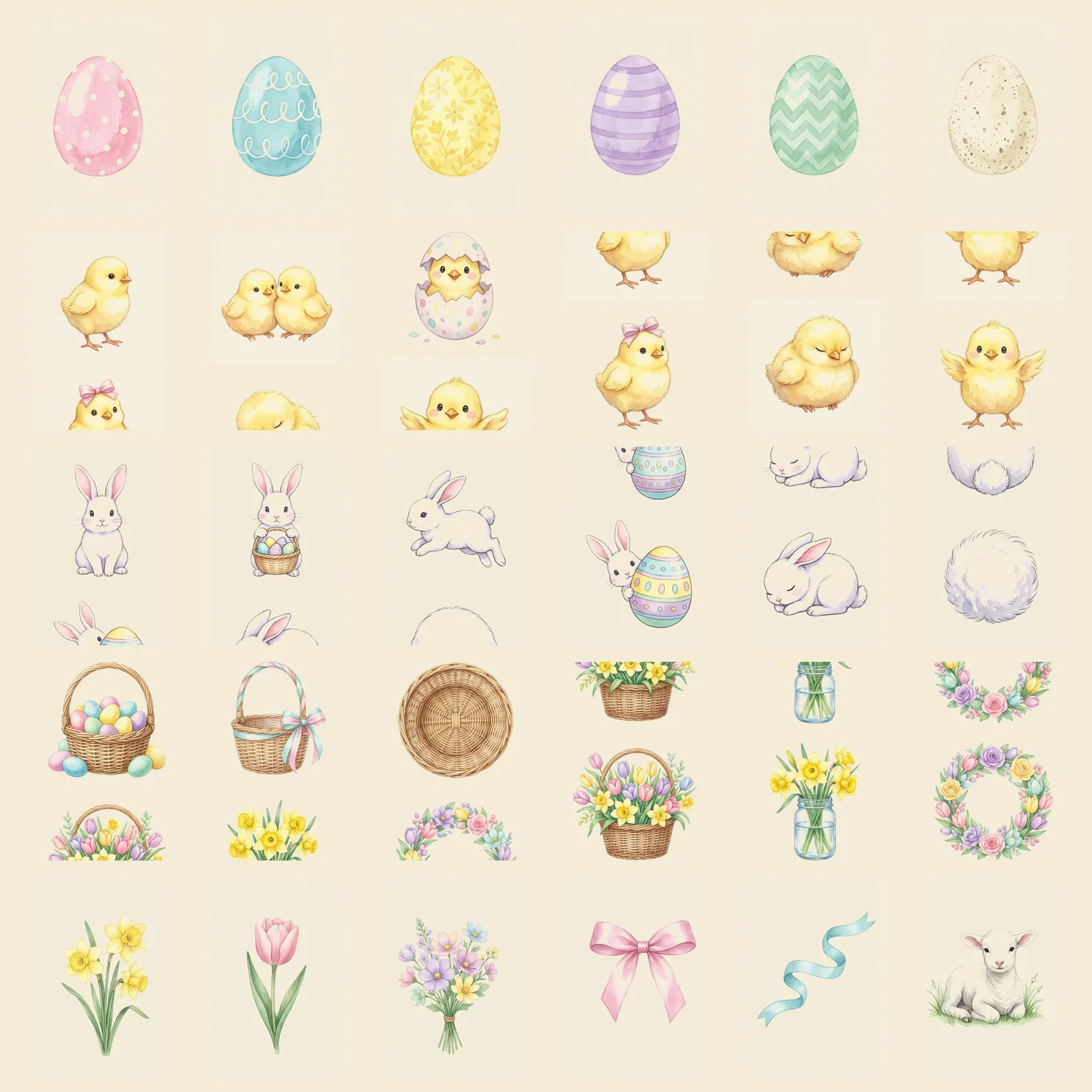 Watercolor Easter Eggs and Chicks Clipart, 30 PNG, Transparent Background, Commercial Use, Digital Download