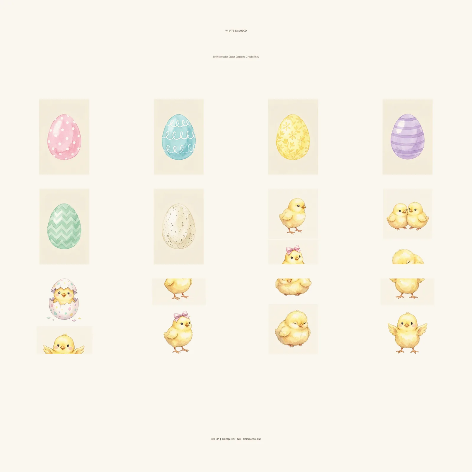 Watercolor Easter Eggs and Chicks Clipart, 30 PNG, Transparent Background, Commercial Use, Digital Download