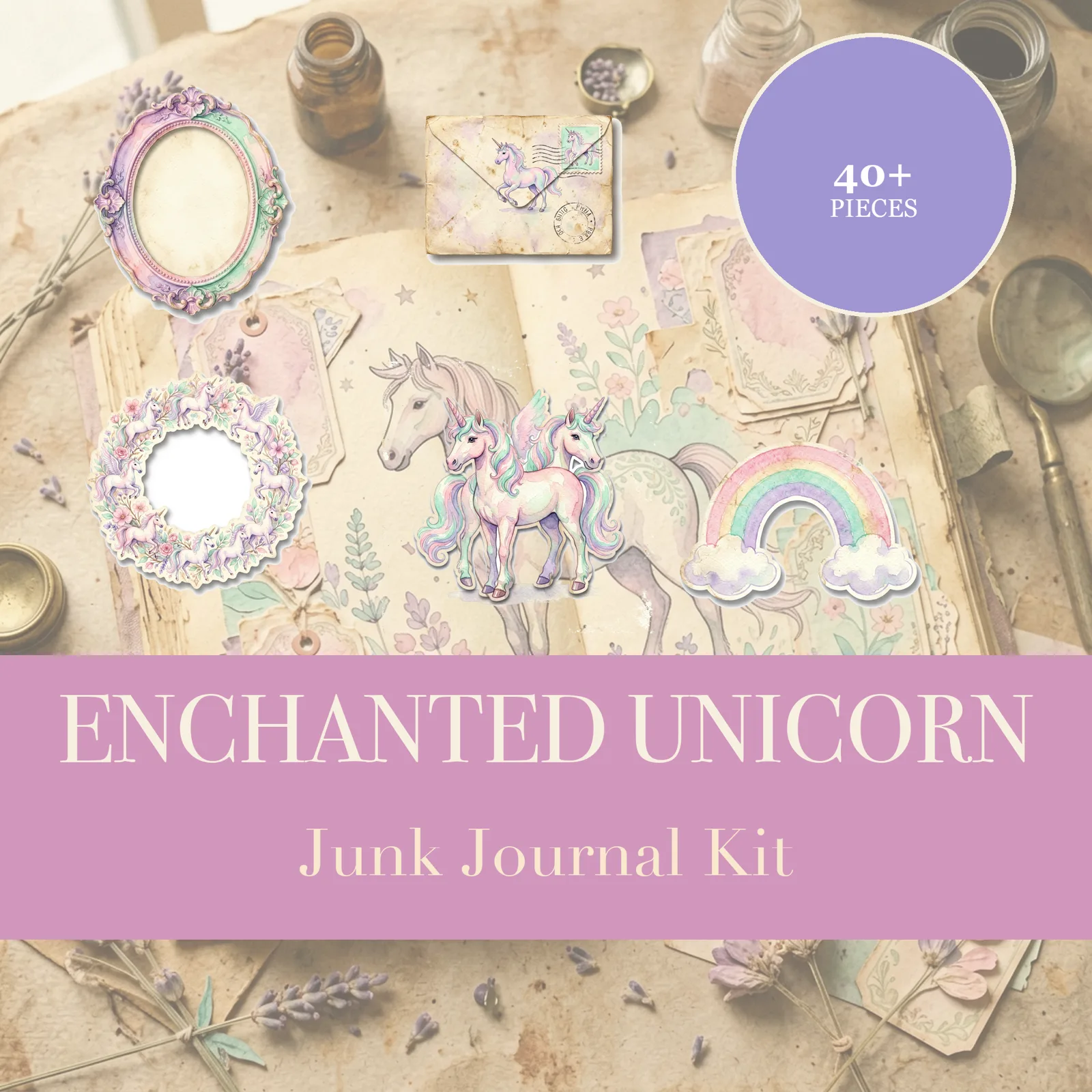 Enchanted Unicorn Junk Journal Kit | Rainbow & Magic Pastel Ephemera | Printable Cut-Outs | Digital Download