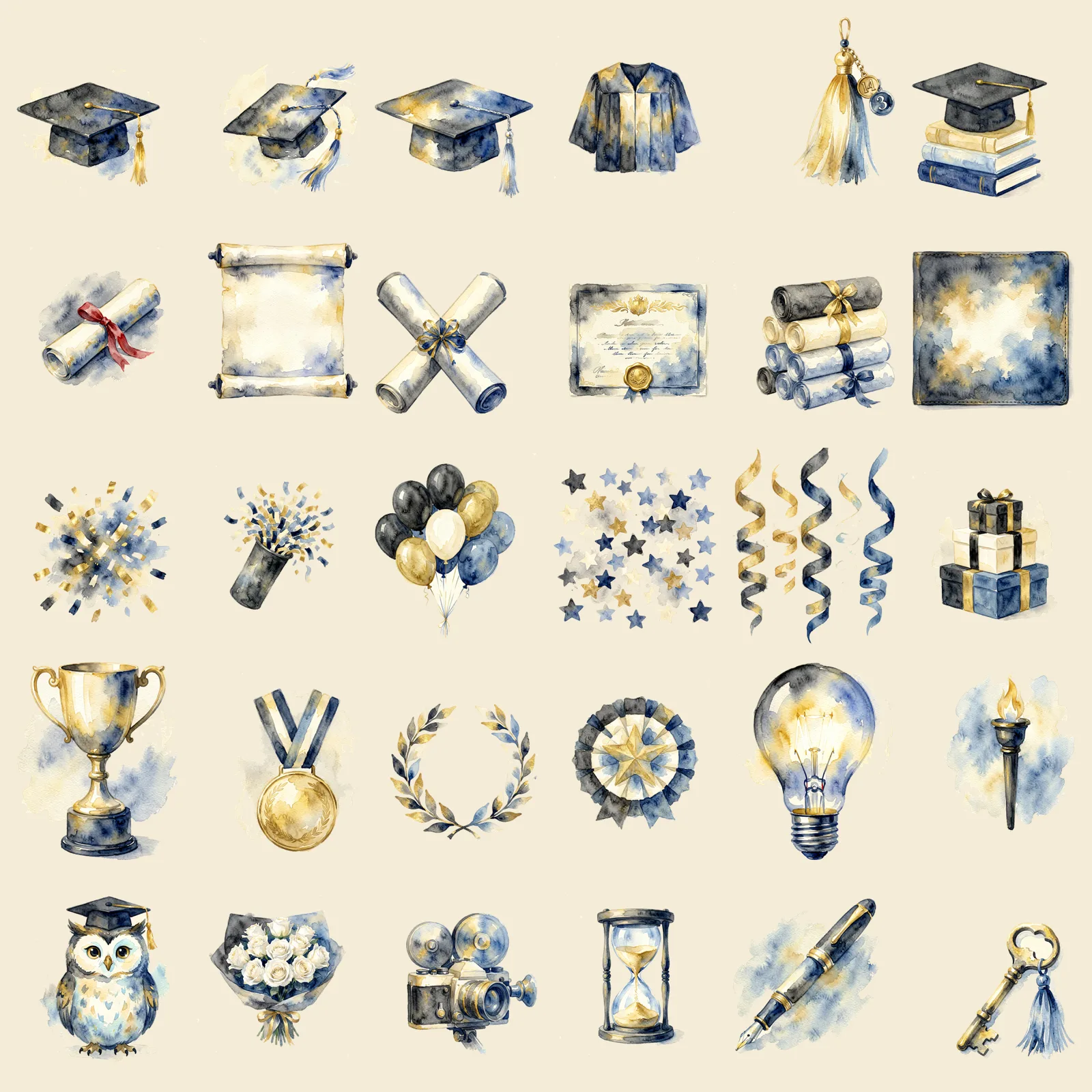 Watercolor Graduation Caps and Confetti Clipart, 30 PNG, Transparent Background, Commercial Use, Digital Download