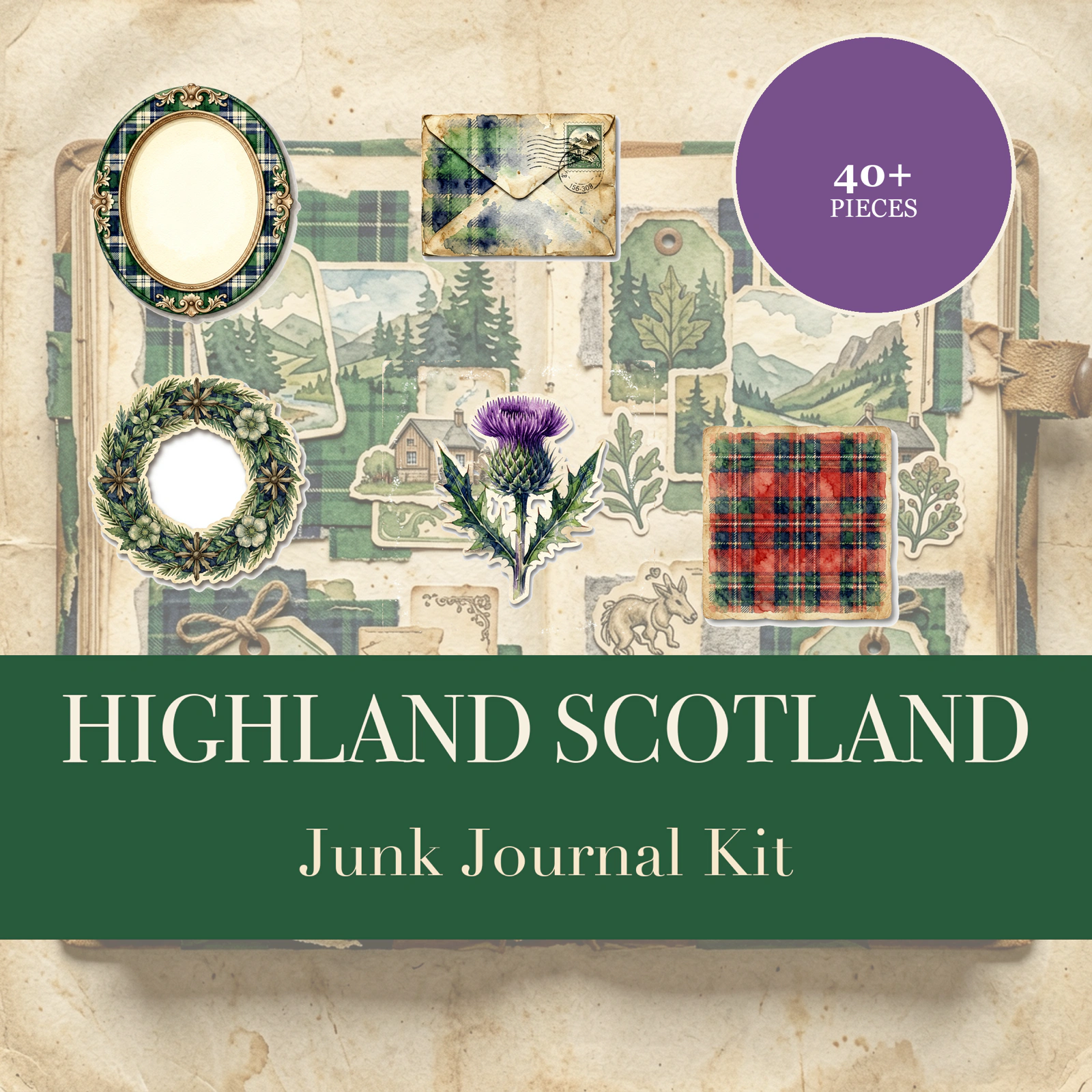 Schottische Highlands Junk-Journal-Set | Distel- & Tartan-Ephemera-Papiere | Druckbare Ausschneidemotive | Digitaler Download