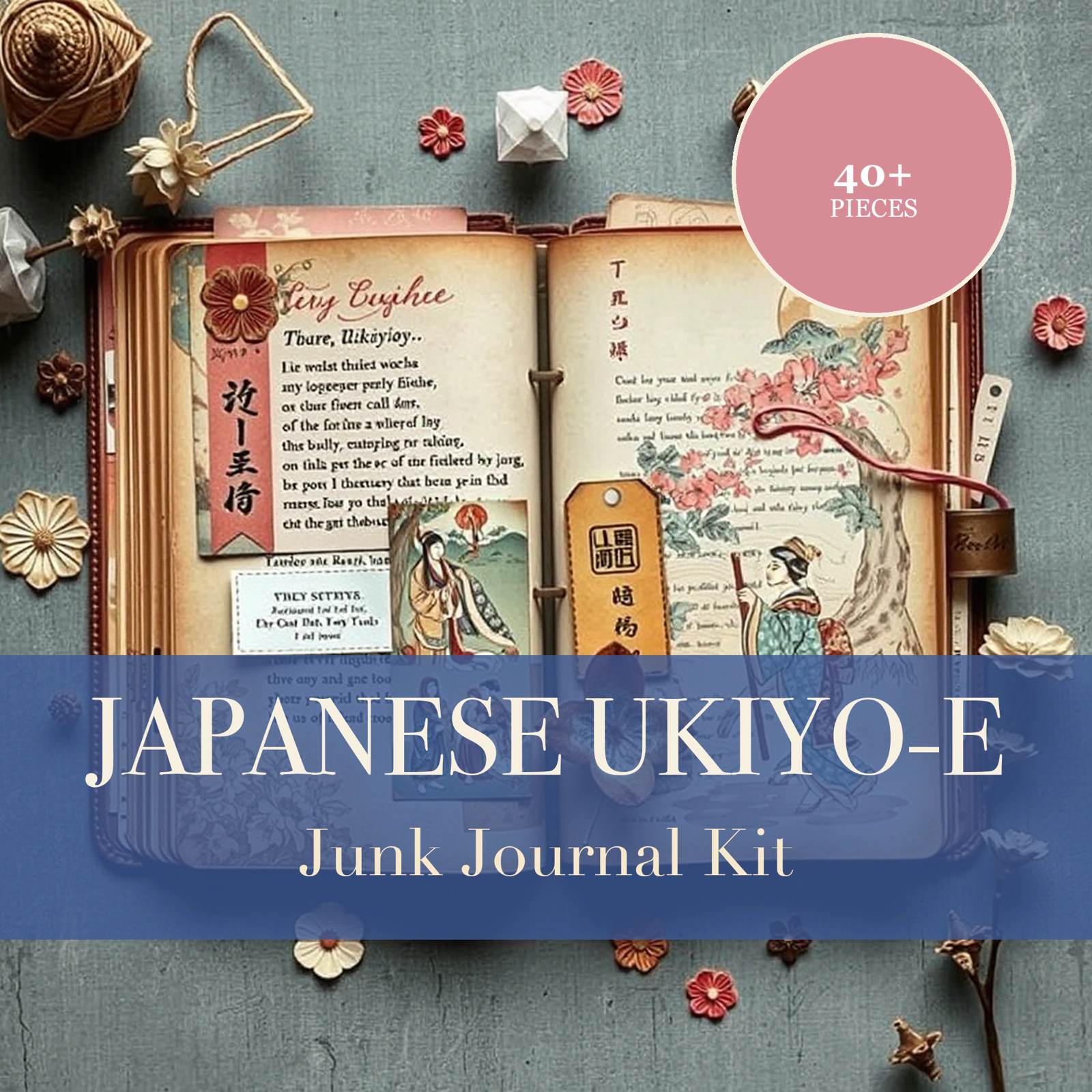 Japanisches Ukiyo-e Junk-Journal-Set | Kirschblüten- & Kranich-Ephemera-Papiere | Druckbare Ausschneidemotive | Digitaler Download