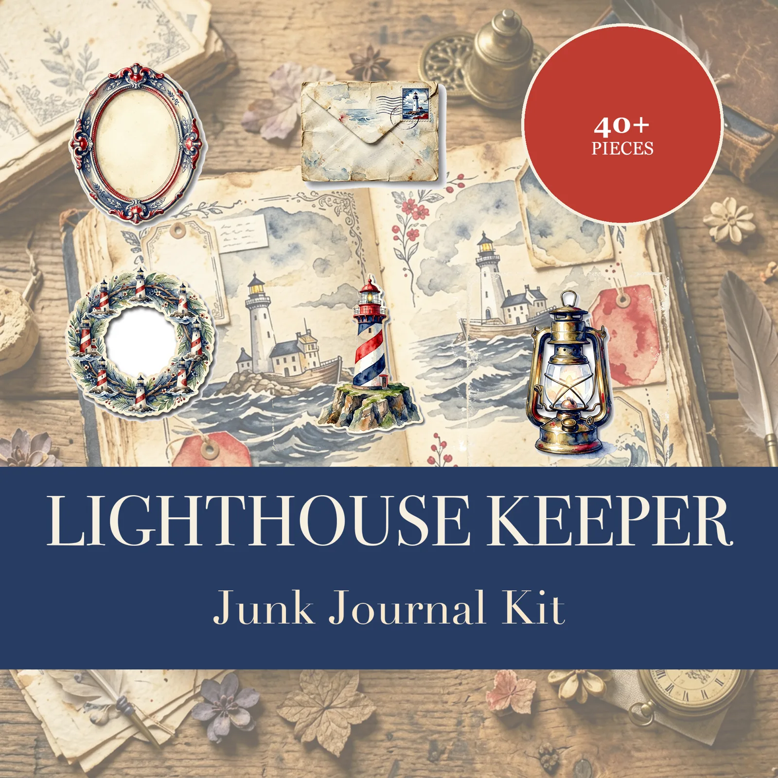 Leuchtturmwärter Junk Journal Kit | Küsten-Leuchtturm & Landkarten-Ephemera-Papiere | Bedruckbare Ausschneidebögen | Digitaler Download