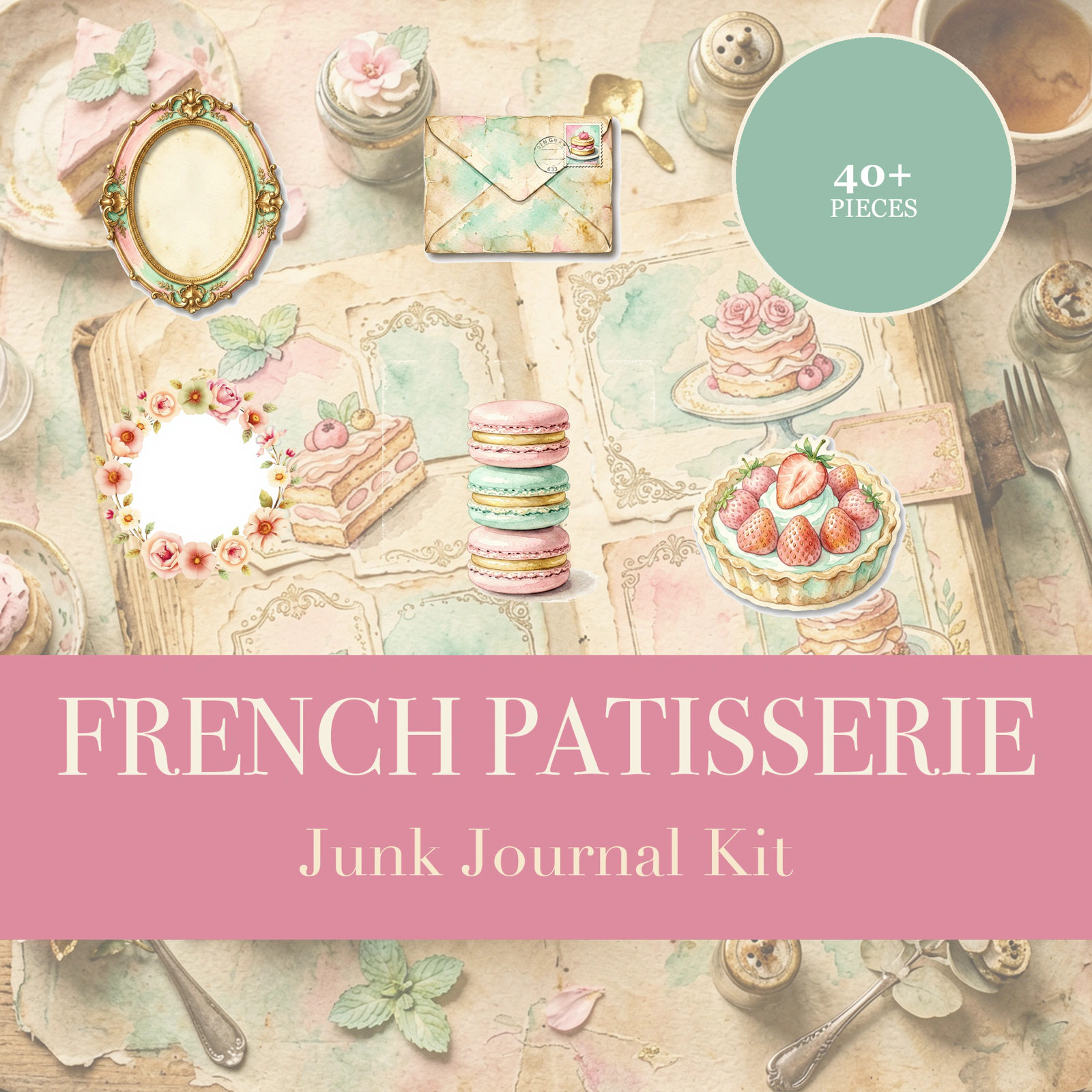 Kit Junk Journal Pâtisserie Française | Éphémères de Macarons et Desserts | Découpes Imprimables | Téléchargement Numérique