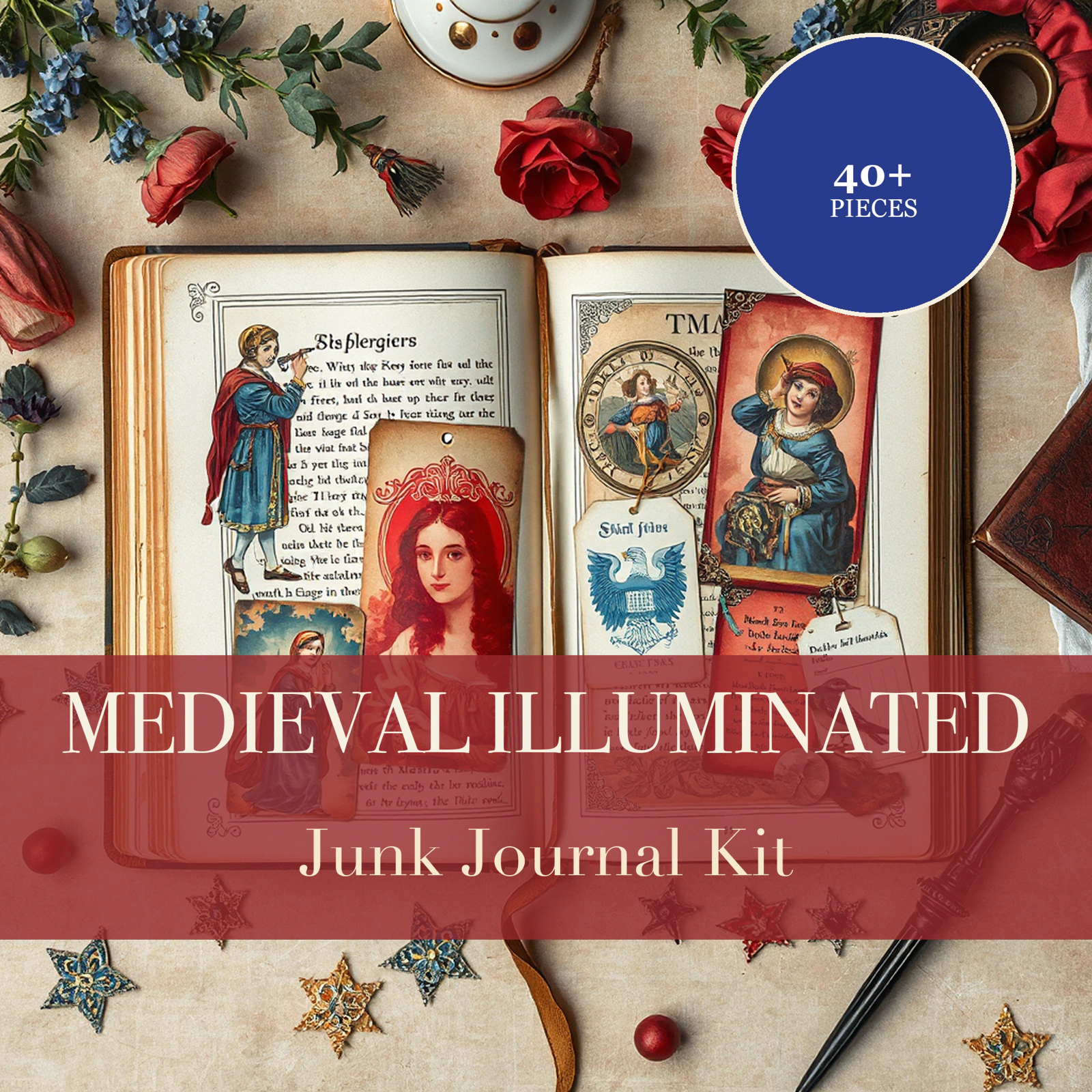 Kit de Junk Journal Medieval Iluminado | Papeles de Efímera de Caballeros y Manuscritos | Recortables Imprimibles | Descarga Digital