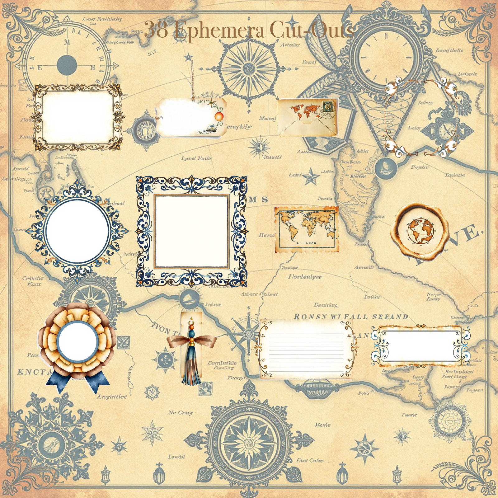 Old World Cartography Junk Journal Kit | Map & Compass Ephemera Papers | Printable Cut-Outs | Digital Download