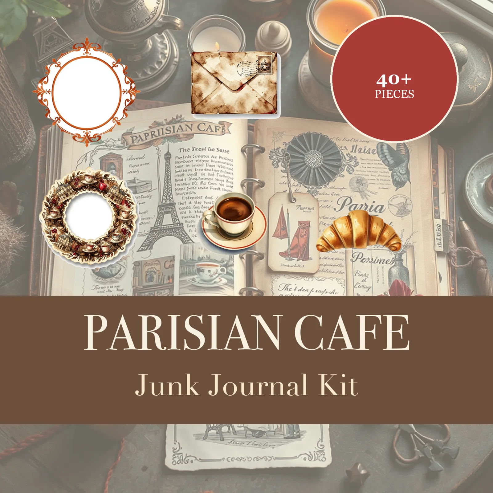 Kit de Junk Journal Café Parisino | Papeles Efímeros de Café Francés y Croissants | Recortables Imprimibles | Descarga Digital