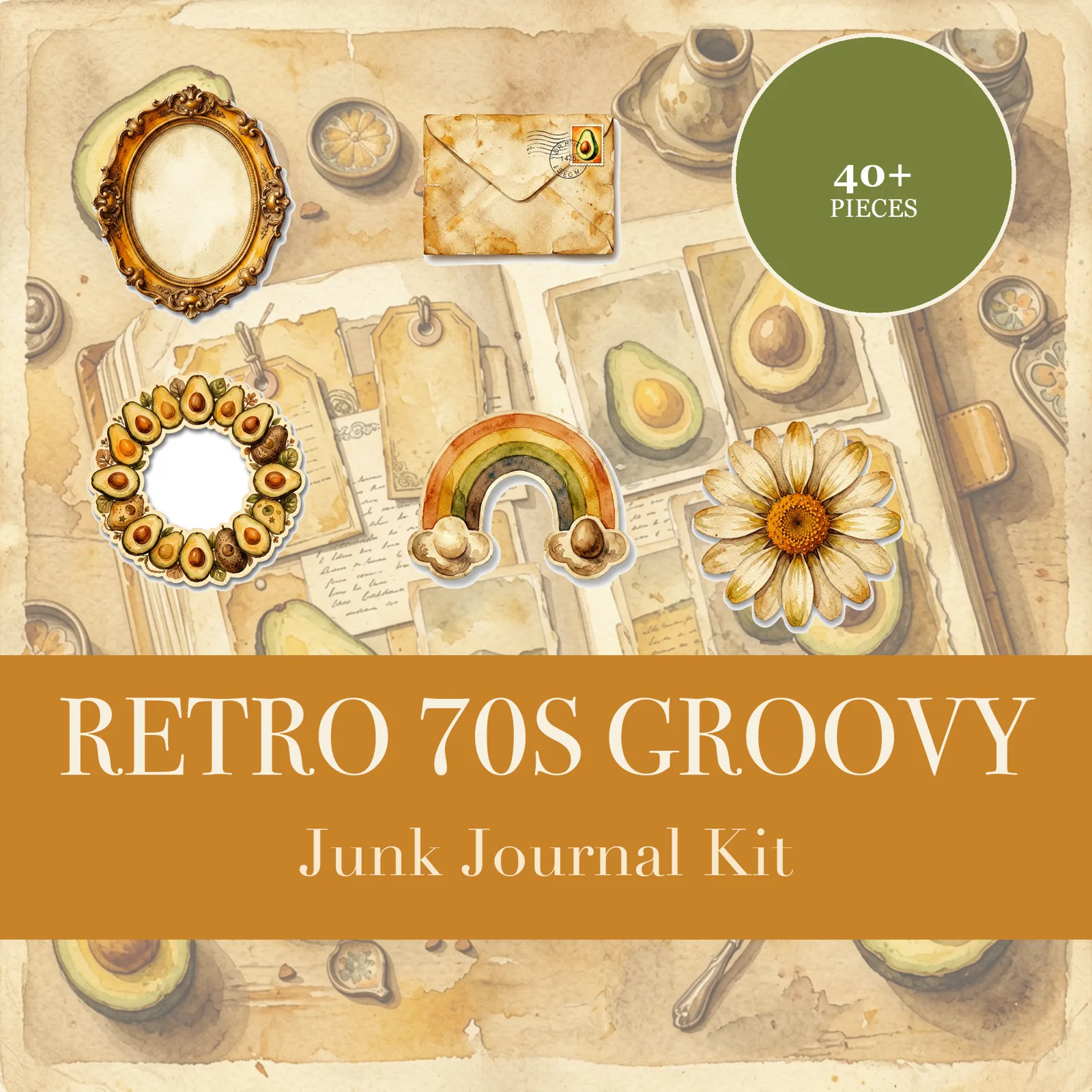 Retro 70s Groovy Junk Journal Kit | Rainbow & Flower Power Ephemera | Printable Cut-Outs | Digital Download