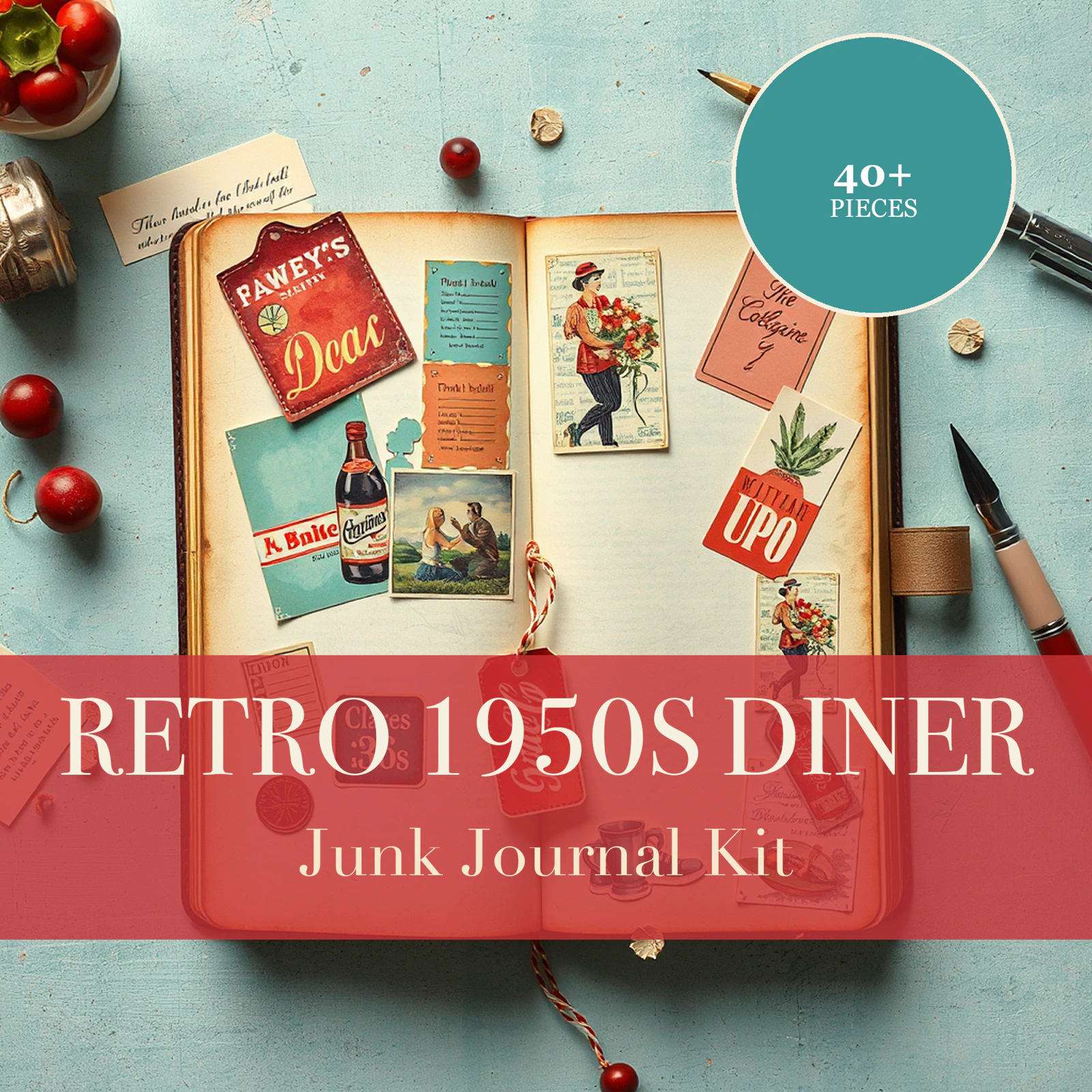 Retro-1950er-Diner Junk Journal Kit | Milkshake- & Jukebox-Ephemera-Papiere | Ausdruckbare Ausschneidefiguren | Digitaler Download