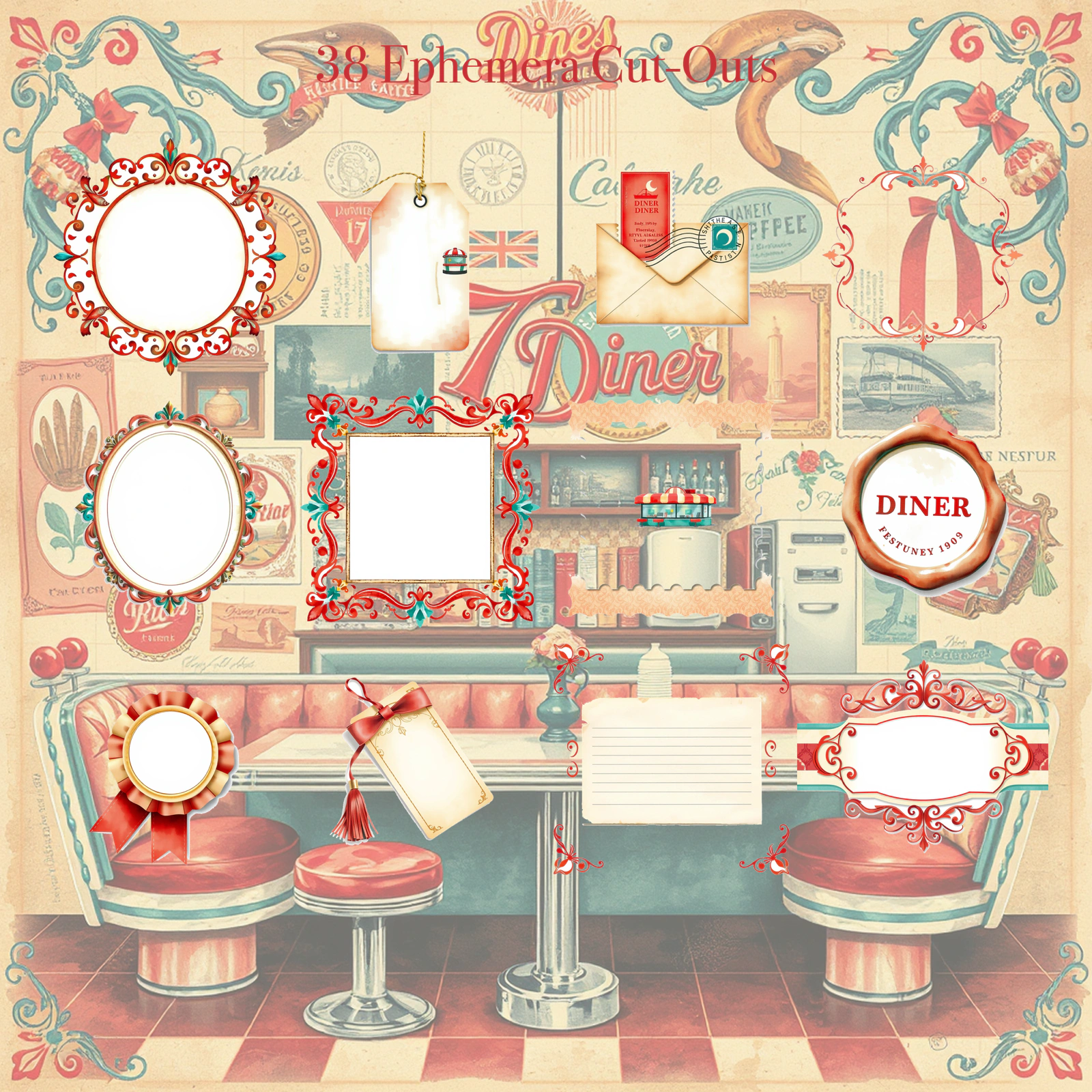 Retro 1950s Diner Junk Journal Kit | Milkshake & Jukebox Ephemera Papers | Printable Cut-Outs | Digital Download