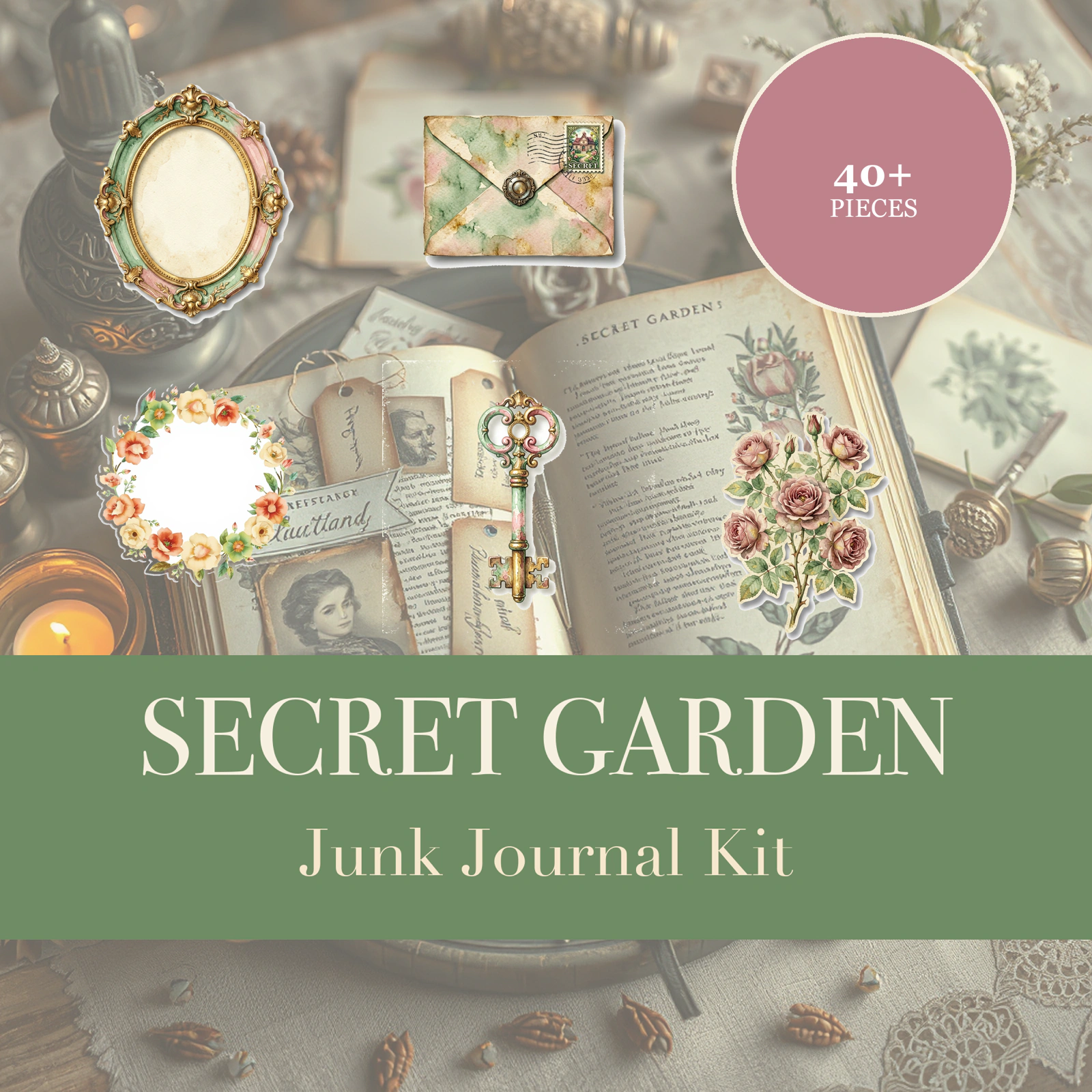 Kit Junk Journal Jardín Secreto | Efímera de Llave Antigua y Portón de Rosas | Recortes Imprimibles | Descarga Digital