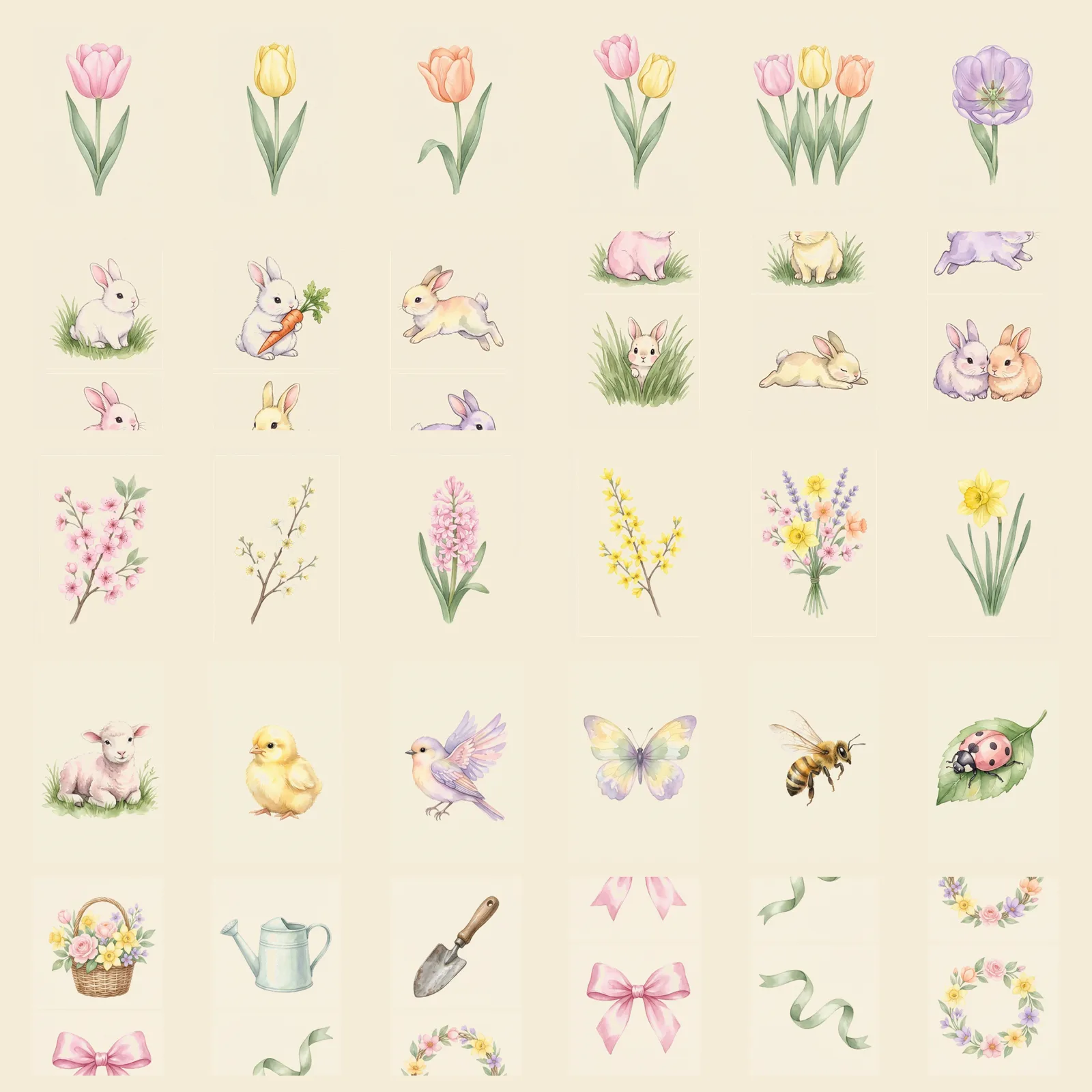 Watercolor Spring Tulips and Bunnies Clipart, 30 PNG, Transparent Background, Commercial Use, Digital Download