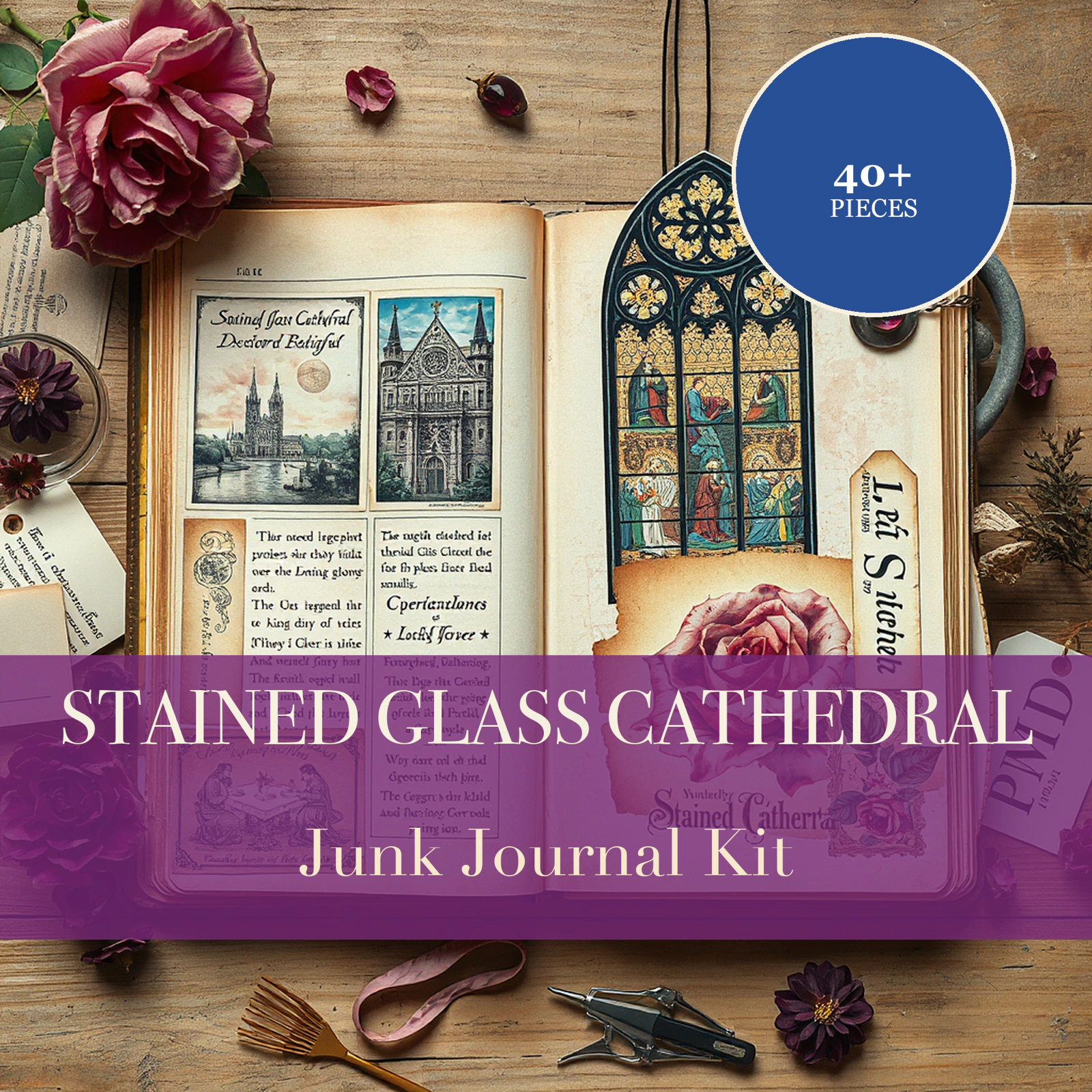 Junk-Journal-Kit Kathedrale mit Buntglasfenstern | Gotische Edelstein-Fenster-Ephemera-Papiere | Druckbare Ausschneidebögen | Digitaler Download