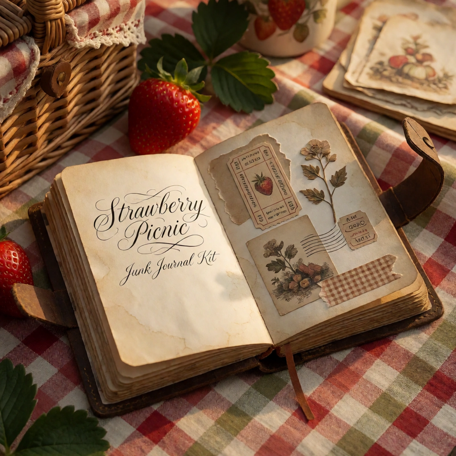 Strawberry Picnic Junk Journal Kit | Cottagecore Berry & Basket Ephemera Papers | Printable Cut-Outs | Digital Download