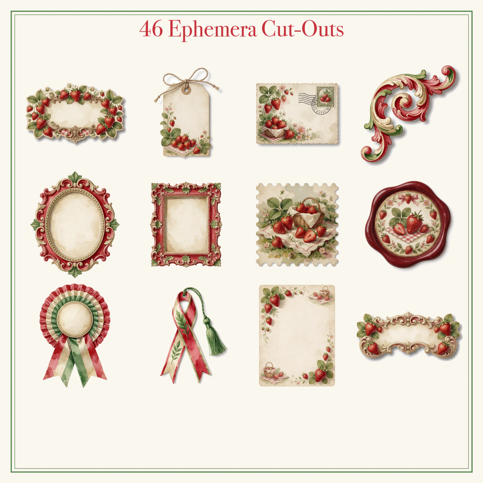 Strawberry Picnic Junk Journal Kit | Cottagecore Berry & Basket Ephemera Papers | Printable Cut-Outs | Digital Download