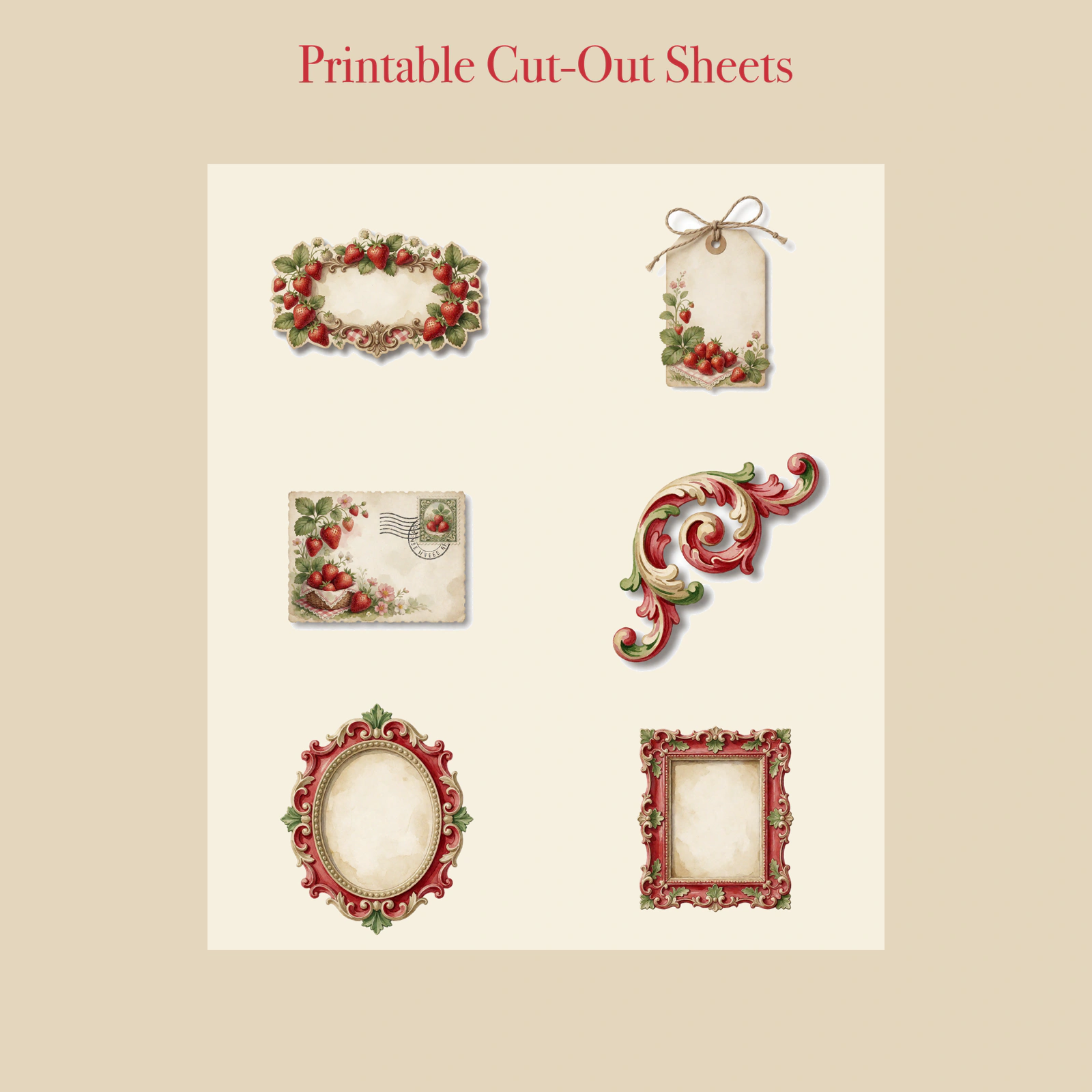 Strawberry Picnic Junk Journal Kit | Cottagecore Berry & Basket Ephemera Papers | Printable Cut-Outs | Digital Download
