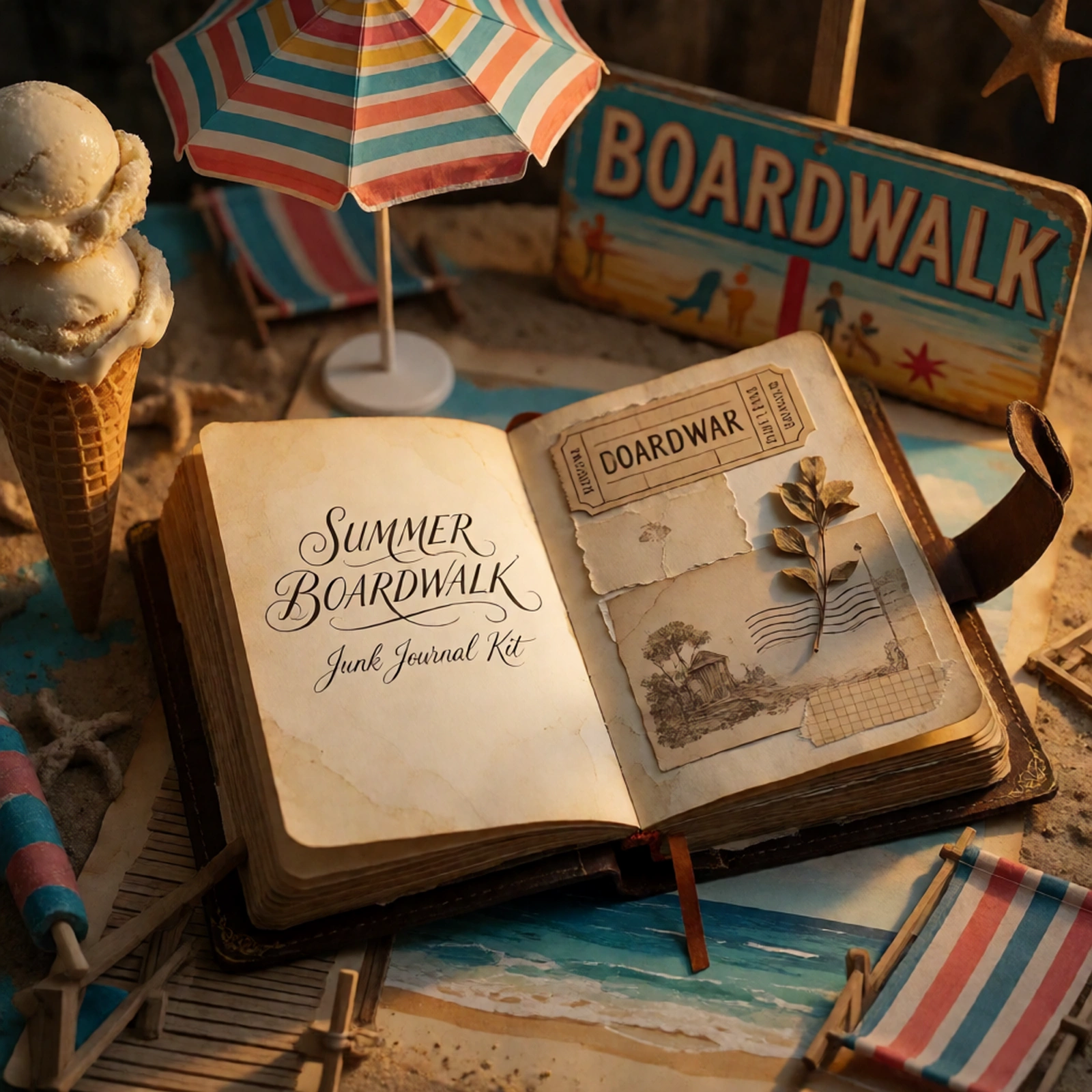 Summer Boardwalk Junk Journal Kit | Ice Cream, Beach & Seaside Arcade Ephemera Papers | Printable Cut-Outs | Digital Download