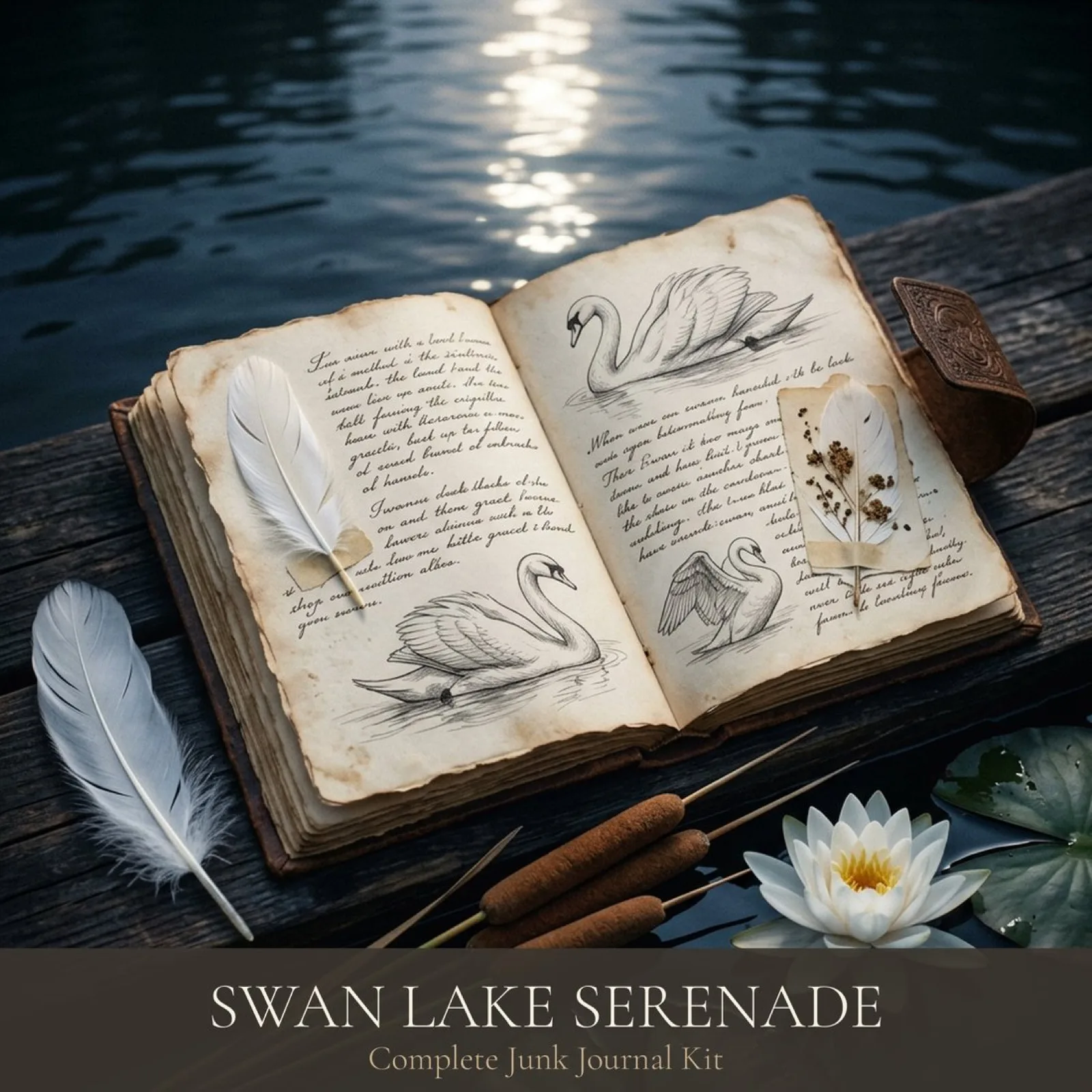 Kit Junk Journal Sérénade du Lac des Cygnes | Éphémères de Plumes Enchantées | Planches à Imprimer | Téléchargement Numérique